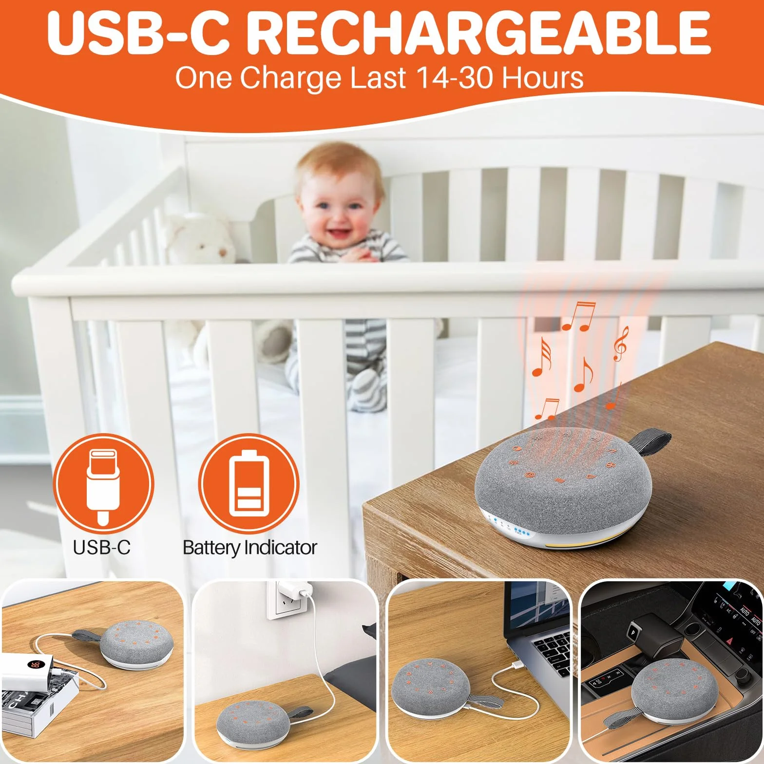 FUNYKICH White Noise Baby, przenośna maszyna z białym szumem dla niemowląt, pomoc w zasypianiu dla niemowląt z 40 muzykami (10 białych szumów) + 7 kolorowych świateł + 4 timery + wiszące pierścienie
