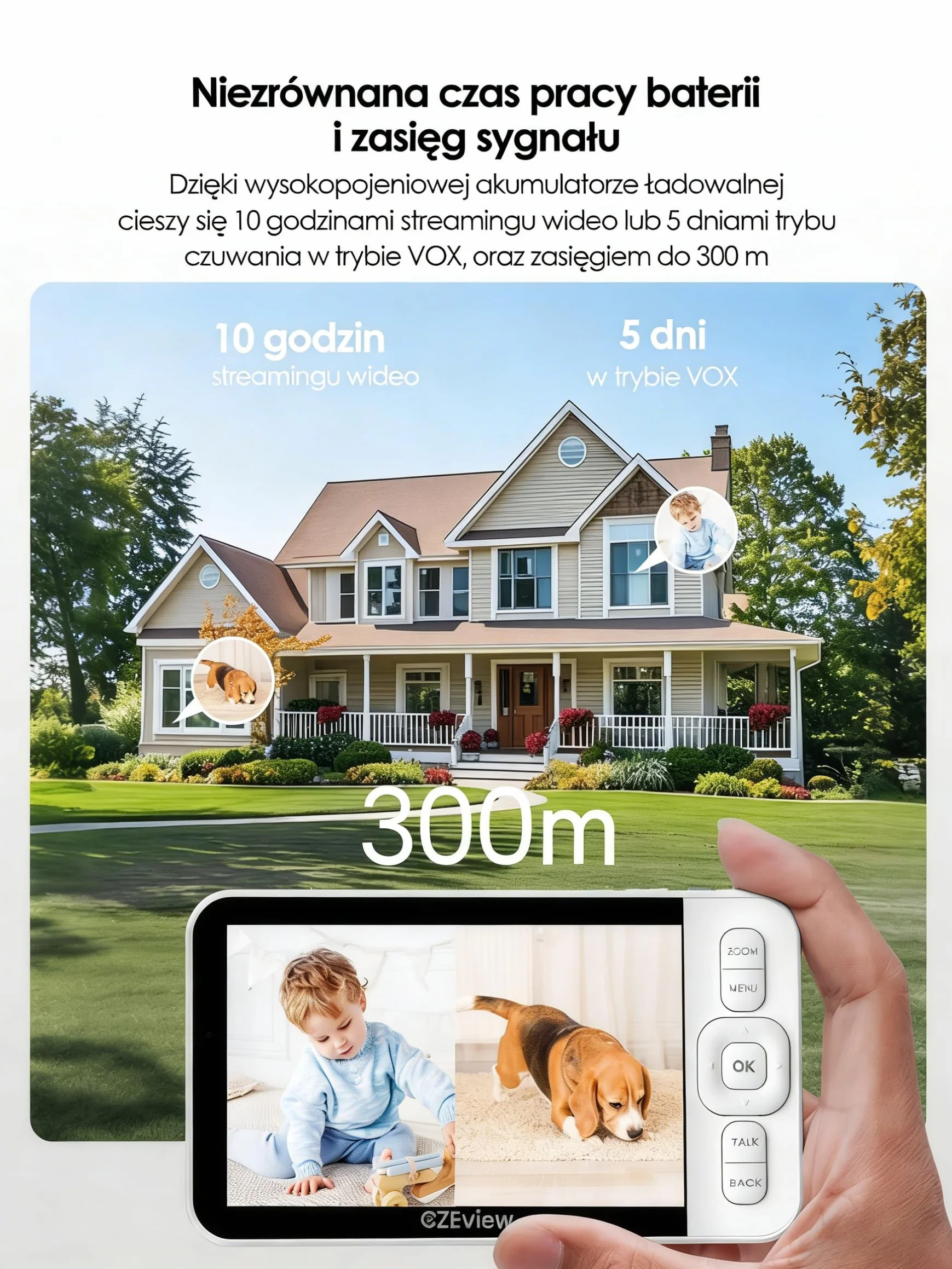 CZEview Elektroniczna niania 5,0" z kamerą i aplikacją, Kamera Inteligentna dla Niemowląt z 2K, Wi-Fi, Noktowizor, Noktowizor IR, Automatyczne Śledzenie, Wykrywanie Ruchu/Dźwięku