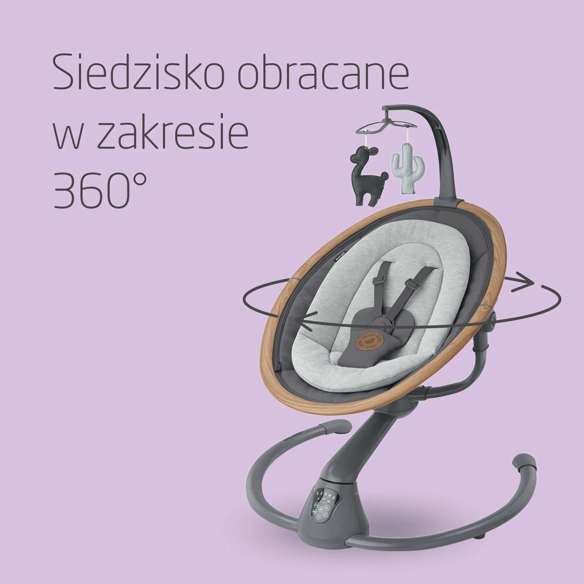 Maxi-Cosi Cassia Huśtawka Elektryczna Dla Niemowląt, 0–6 mies., maks. 9 kg, bujaczek leżaczek, 12 melodii, obrac. siedziska 360°, Autowykryw. ruchu, 5 prędk., 2 poz. odchylenia, Essential Graphite