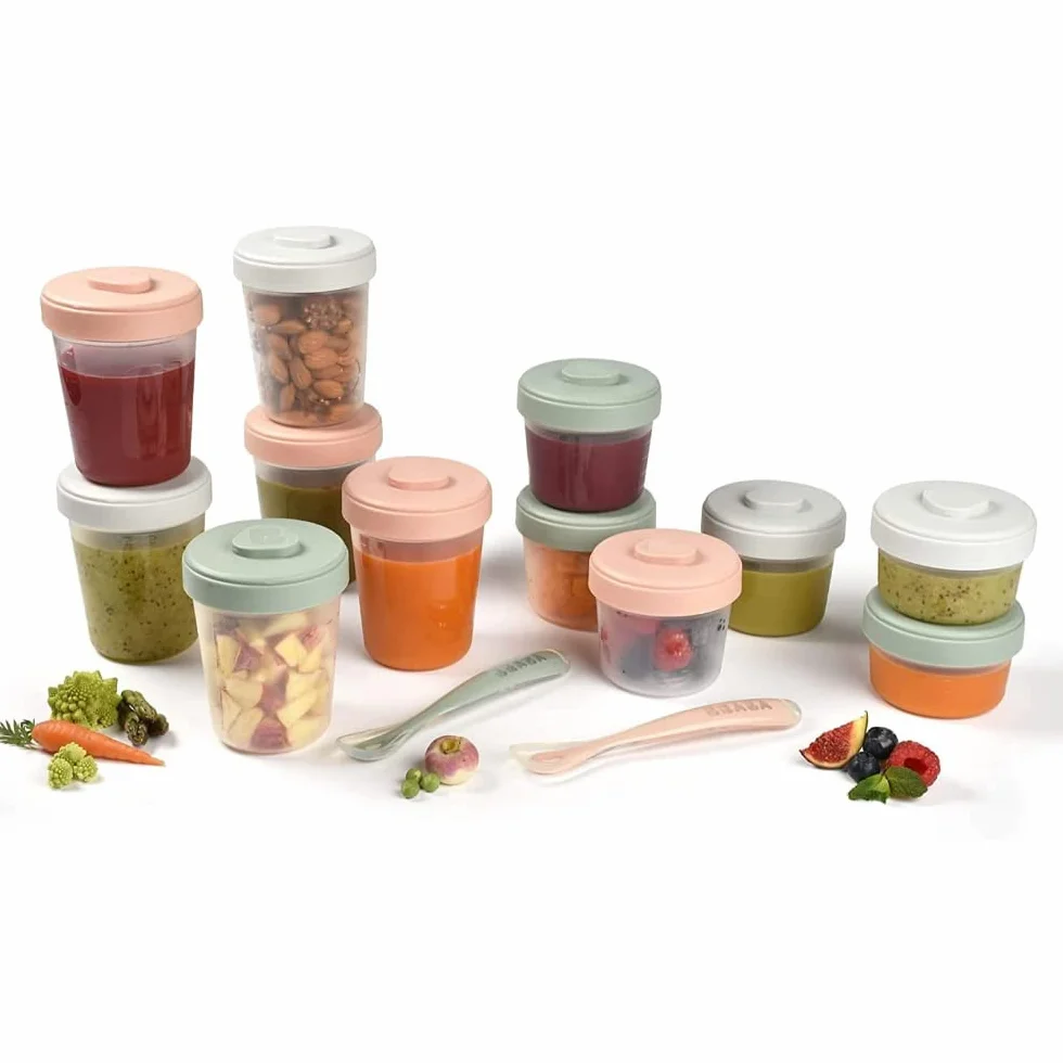 BÉABA, Zestaw 12 pojemników do przechowywania i 2 łyżki do karmienia z silikonu, pojemniki do układania w stos, 100% hermetyczne, zamrażanie, mleko matki, 2 x 90 ml + 4 x 150 ml + 6 x 250 ml,