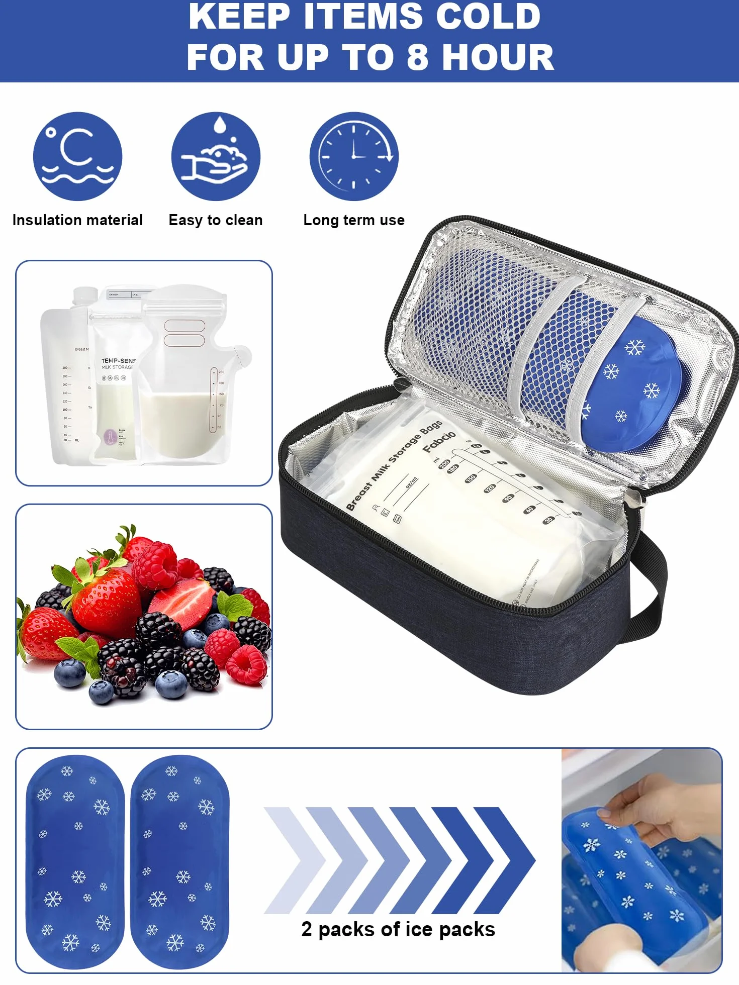 YOUSHARES Torba chłodząca do mleka matki – torba podróżna z 2 opakowaniami na lód, do przechowywania mleka matki do karmienia piersią, granatowy, 21x11.5x7cm (8.27x 4.53x 2.76inch), Torba termiczna