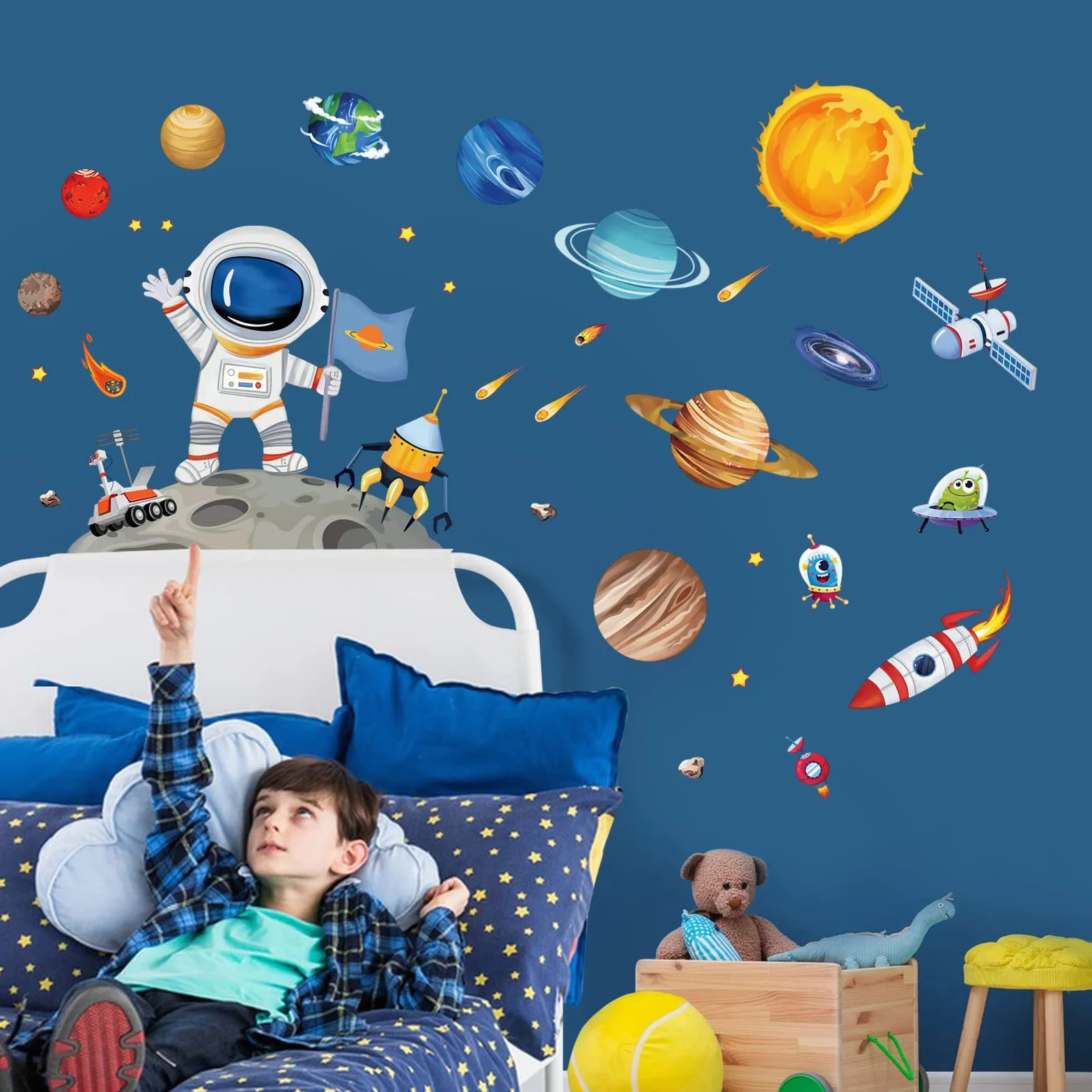 wondever Naklejka ścienna kosmos dzieci naklejki ścienne planety układ słoneczny astronauta naklejki ścienne dekoracja ścienna do pokoju dziecięcego pokoju niemowlęcego pokoju chłopięcego
