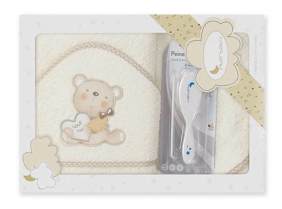 Interbaby Love You ręcznik kąpielowy z kapturem, beżowy, ze szczotką i grzebieniem, 900 g