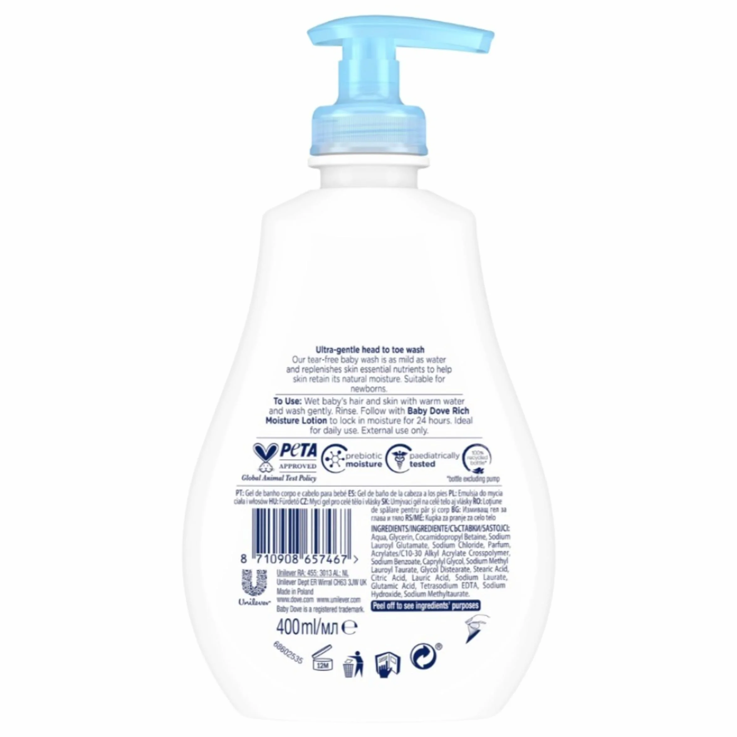 Baby Dove Dove Baby Sensitive Moisture środek czyszczący od stóp do głów, 400 ml