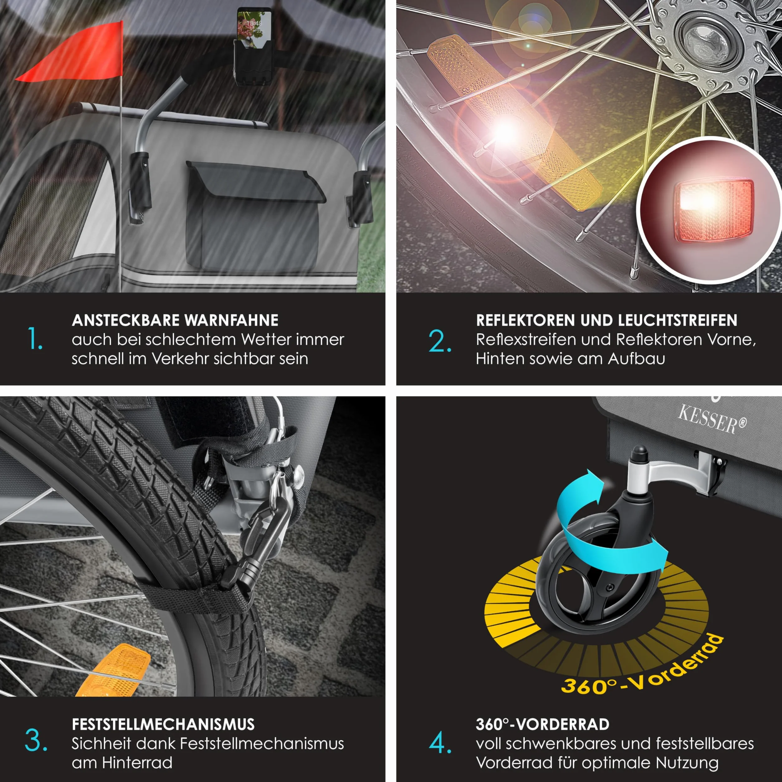 KESSER® Sport-RX 2 w 1 Przyczepka rowerowa dla dzieci, z funkcją jogger, 5-punktowy pas bezpieczeństwa, przednie koło obracane o 360º, spacerówka, dla 1-2 dzieci, maks. 40 kg