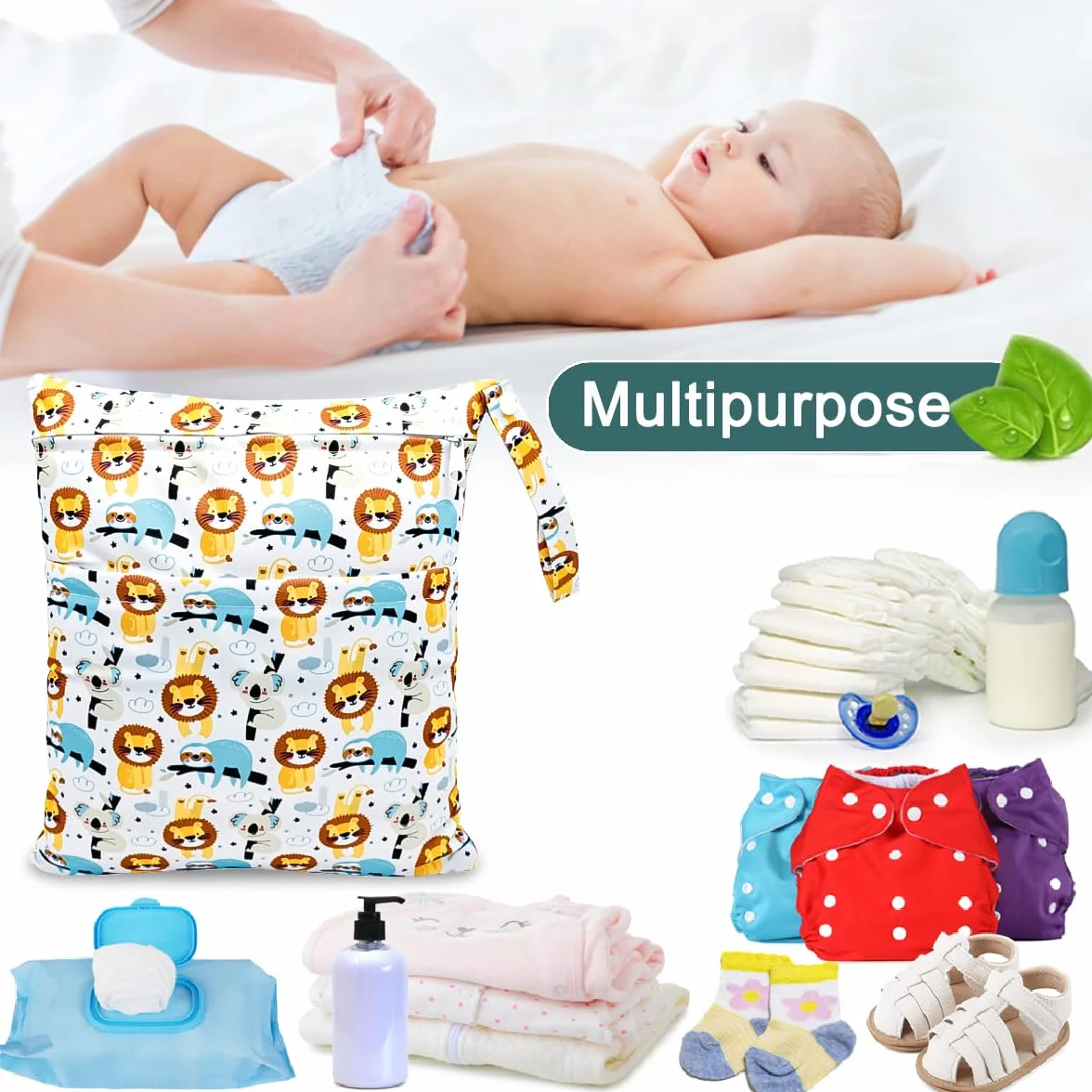 Wetbag, Torba na Pieluchy Wielokrotnego, 2 Pcs Organizerów na Pieluchy, Kieszeń na Mokro, Wodoszczelna Mokra Torba, Wet Dry Bag, Zmywalna na Siłownię Podróżną dla Niemowląt (Lew)