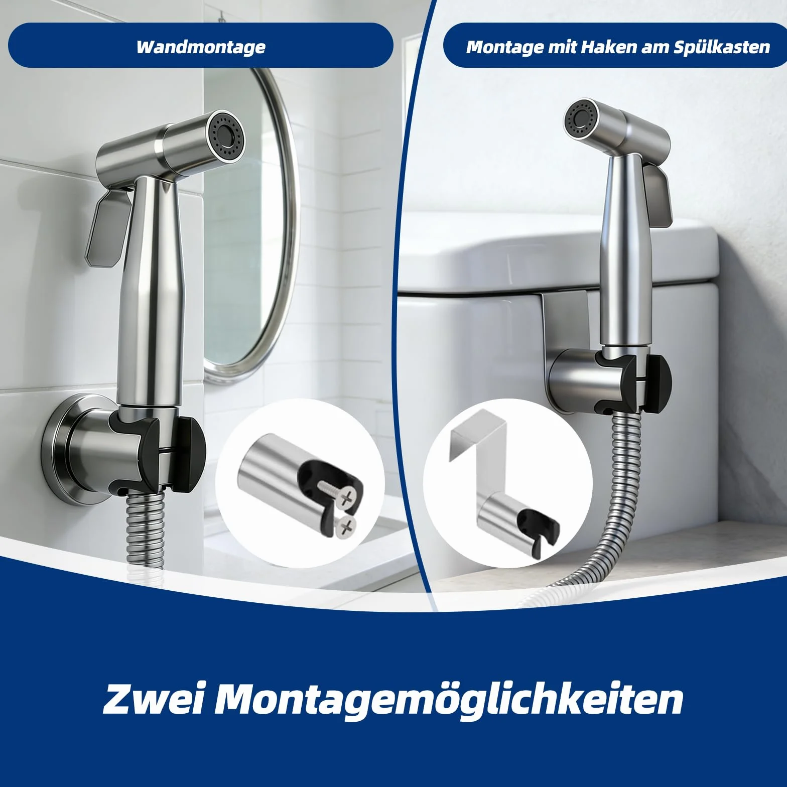 Bidet słuchawka prysznicowa, opryskiwacz bidetowy, stal nierdzewna, z zaworem T G1/2" i adapterem do toalety G3/8", wąż 150 cm, toaleta z hakiem lub uchwytem ściennym, słuchawka prysznicowa, pielucha