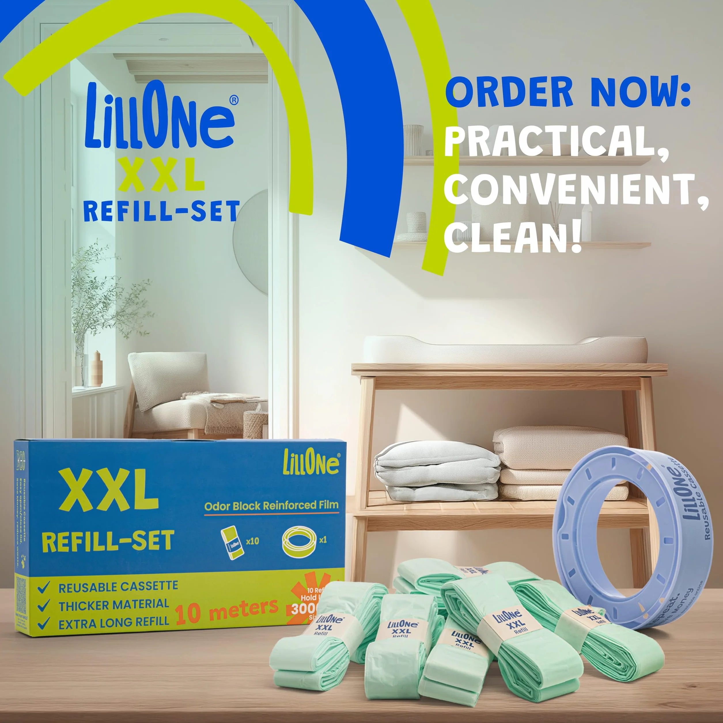 LillOne XXL-SET 10 wkładów powyżej 10 metrów + 1 kaseta wielokrotnego użytku - kompatybilna z pojemnikami na pieluchy Angelcare, Munchkin - Extra Long High Density