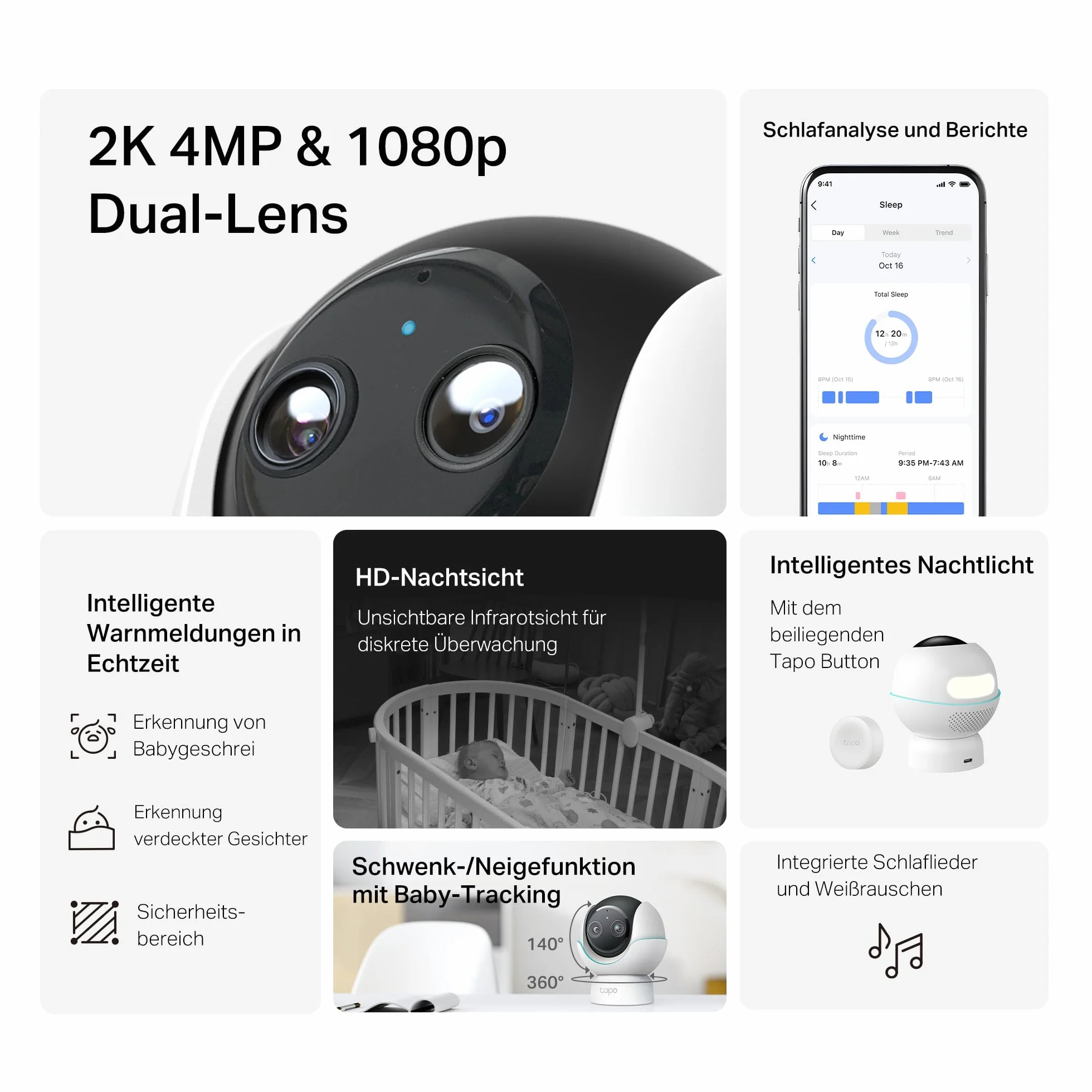 Tapo C840 BabyCam podwójny obiektyw (kompatybilny z Apple Home, wykrywanie krzyków i zakrytej twarzy, analiza i raport snu, kołysanki i biały szum, lampka nocna, karta microSD do 512 GB)