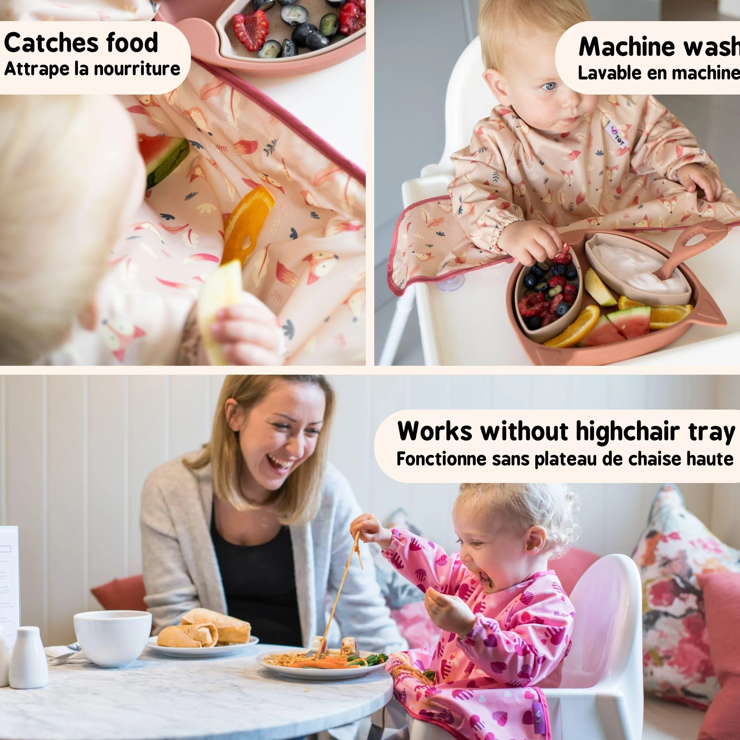 Tidy Tot®™ Cover & Catch™ śliniak do odstawienia od piersi z rękawami. Mocuje się do krzesełek z przyssawką, aby zapobiec bałaganowi karmienie dziecka. Wodoodporne śliniaki z długim rękawem. Śliniaki