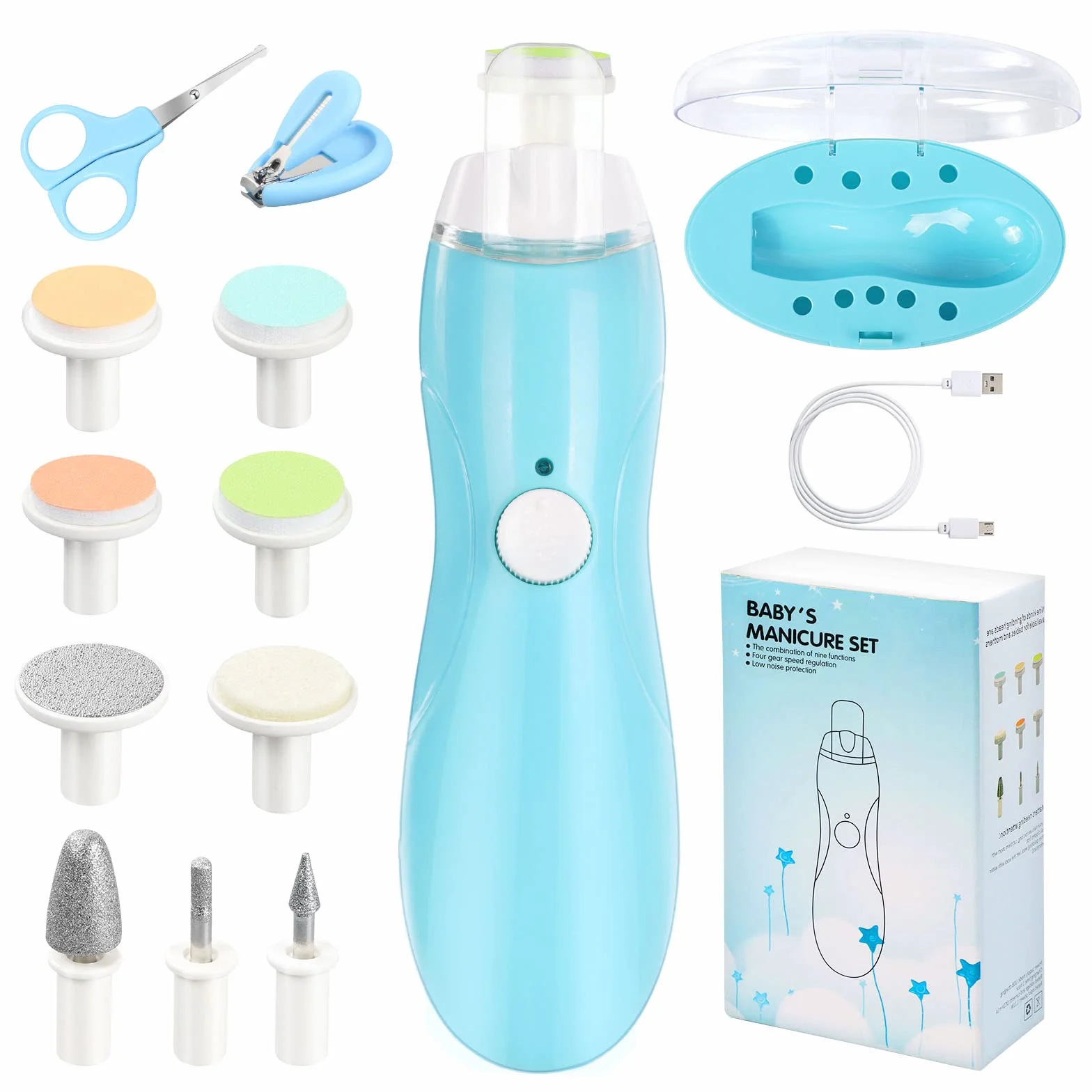Vicloon Pilnik do paznokci dla niemowląt, elektryczny trymer do paznokci 11 w 1, zestaw do manicure, światło LED, cichy design, zestaw obcinaczy do paznokci dla niemowląt z 9 głowicami szlifierskimi i