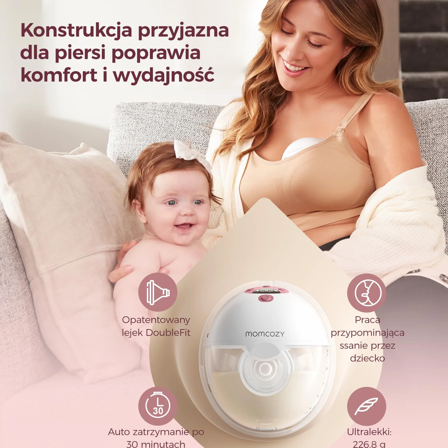 Momcozy M5 Smart Elektryczna Laktacja Bezprzewodowa, Sterowana Aplikacją, 3 Tryby 9 Poziomów SSania, 24 mm Końcówka (Szary, 2 szt.)