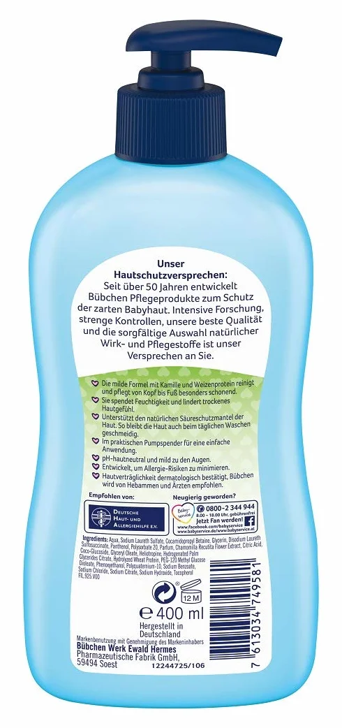 Bübchen żel do mycia delikatnej skóry dziecka, dozownik 400 ml, 2 sztuki w opakowaniu (2 x 400 ml)