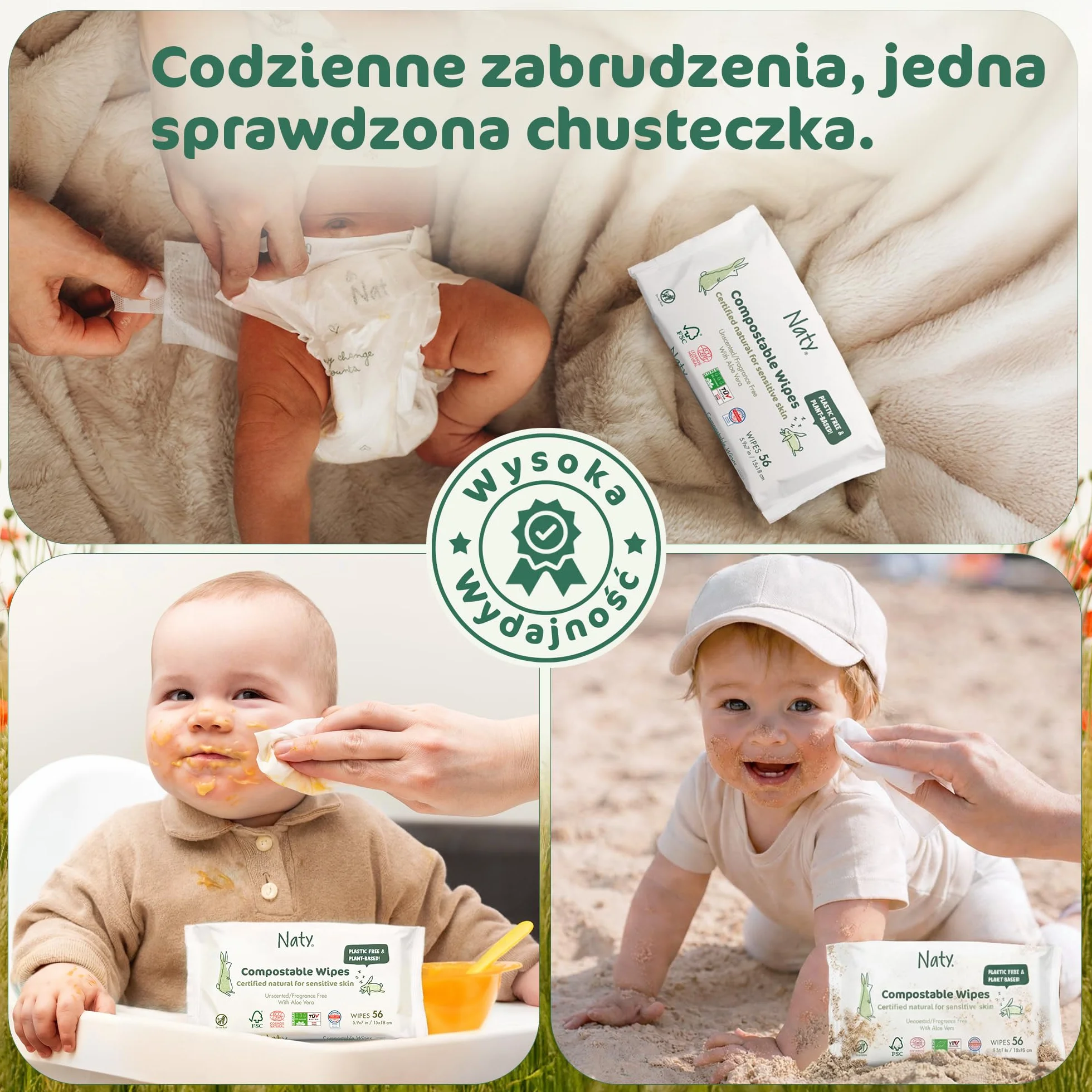 Naty Chusteczki dla Niemowląt Aloe | 98% Wody, Hipoalergiczne & Naturalne dla Wrażliwej Skóry | Bez Zapachu, Roślinne | Delikatne Chusteczki Noworodek & Małe Dziecko | 672 sztuk (12 op.)