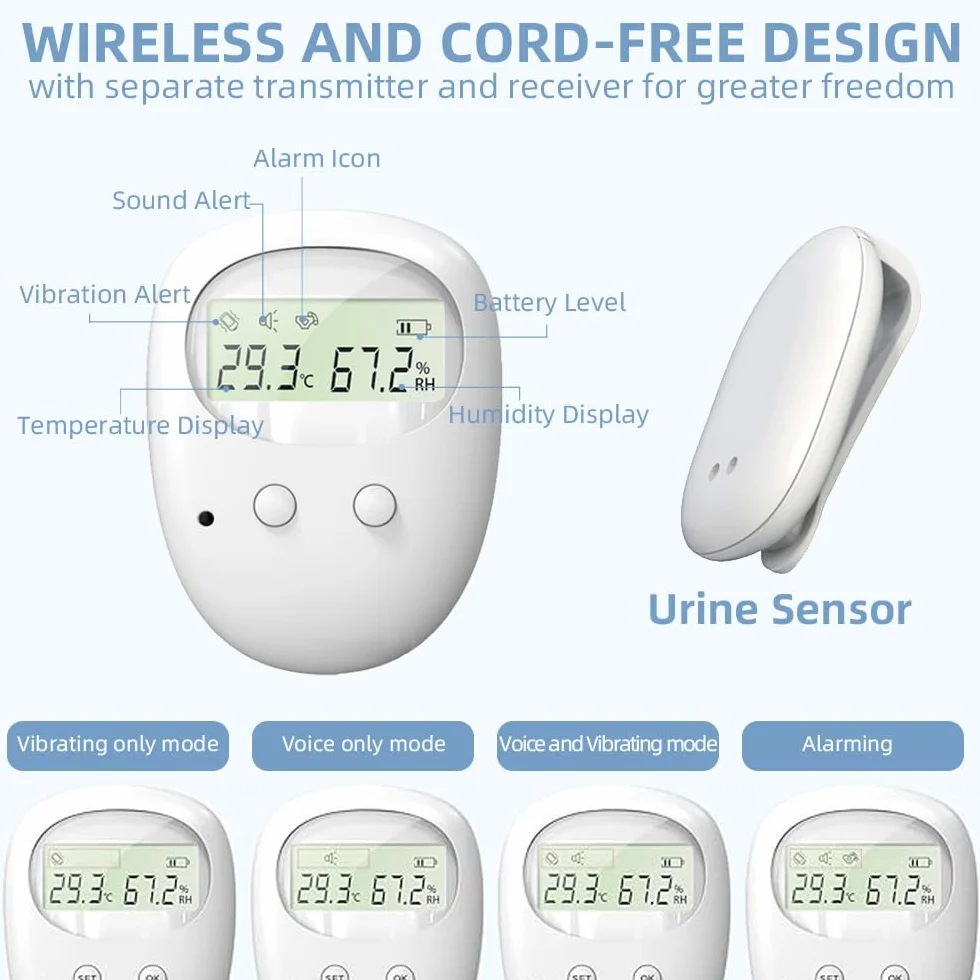 bezprzewodowy alarm do nocnego moczenia dla dzieci, ładowany przez USB, 3 tryby pracy, bezprzewodowy alarm do nocnego moczenia dla dzieci i osób starszych do wykrywania nietrzymania moczu