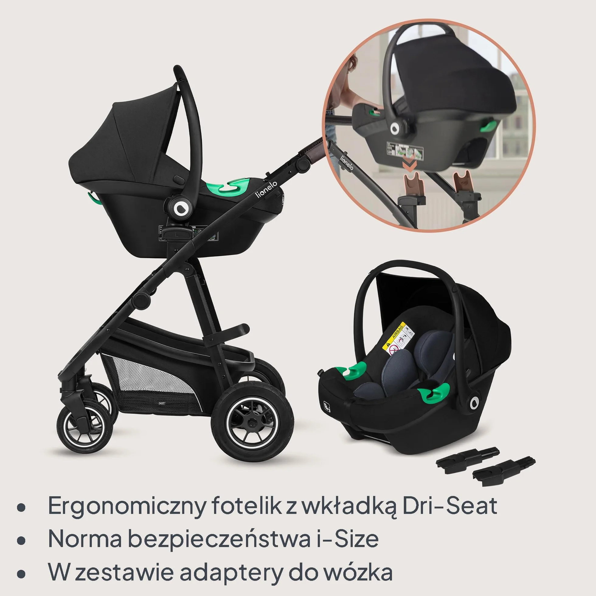LIONELO BIANKA Wózek Spacerowy Dziecięcy 3 w 1 do 22 kg Gondola Fotelik Samochodowy do 13 kg, Składany, System Podróżny Regulacja Oparcia Koła 360o Amortyzacja, Daszek XXL (Beżowy)