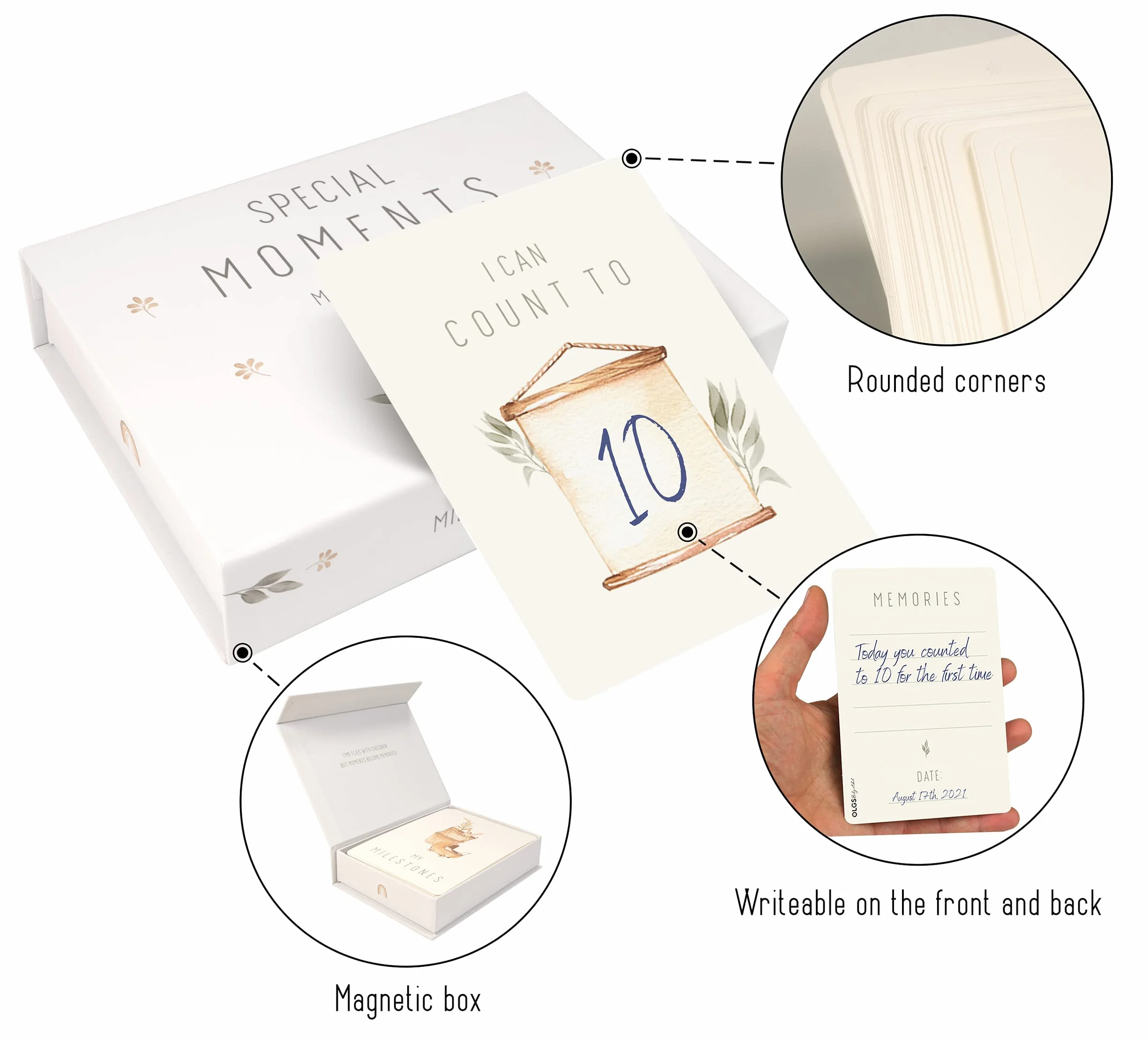 OLGS Baby Milestone Cards Monthly zestaw 60 kart Teddy Lou dla chłopca i dziewczynki, neutralne pod względem płci, Baby Milestones + pudełko magnetyczne, baby shower, prezenty na specjalne momenty