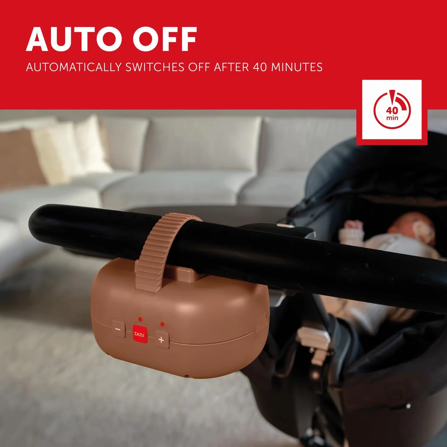 ZAZU Robby Automatyczna huśtawka dla dziecka: regulowana, 40 min timer, czujnik płaczu, akumulator USB, wodoodporny, uniwersalny design do wózków i buggies (brązowy)