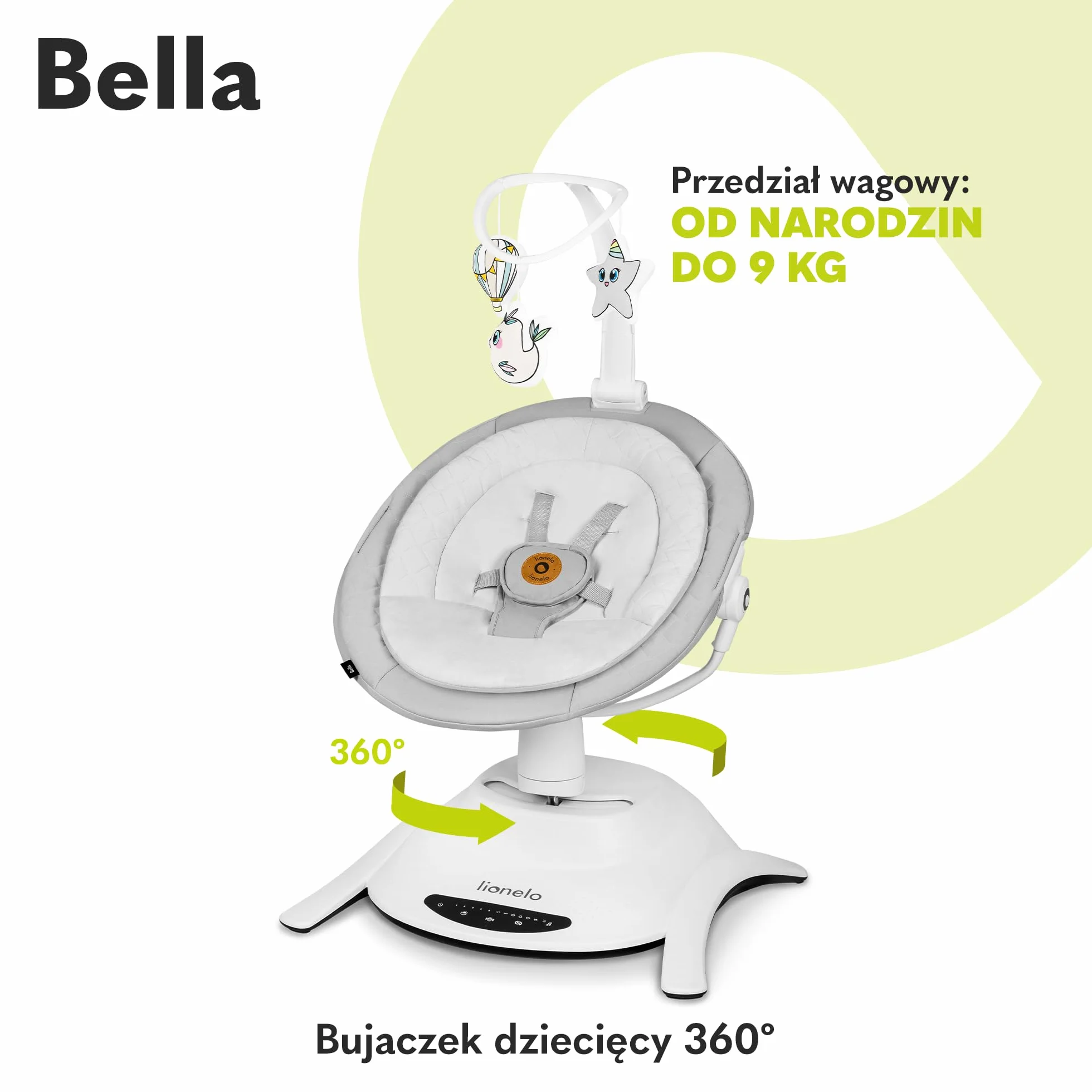 LIONELO Bella Elektryczny Obrotowy Bujaczek 360 dla Niemowląt do 9 kg Regulacja Oparcia, 5 Prędkości Bujania Pasy Bezpieczeństwa Wykrywanie Ruchu Antypoślizgowy, 12 Melodii Pilot
