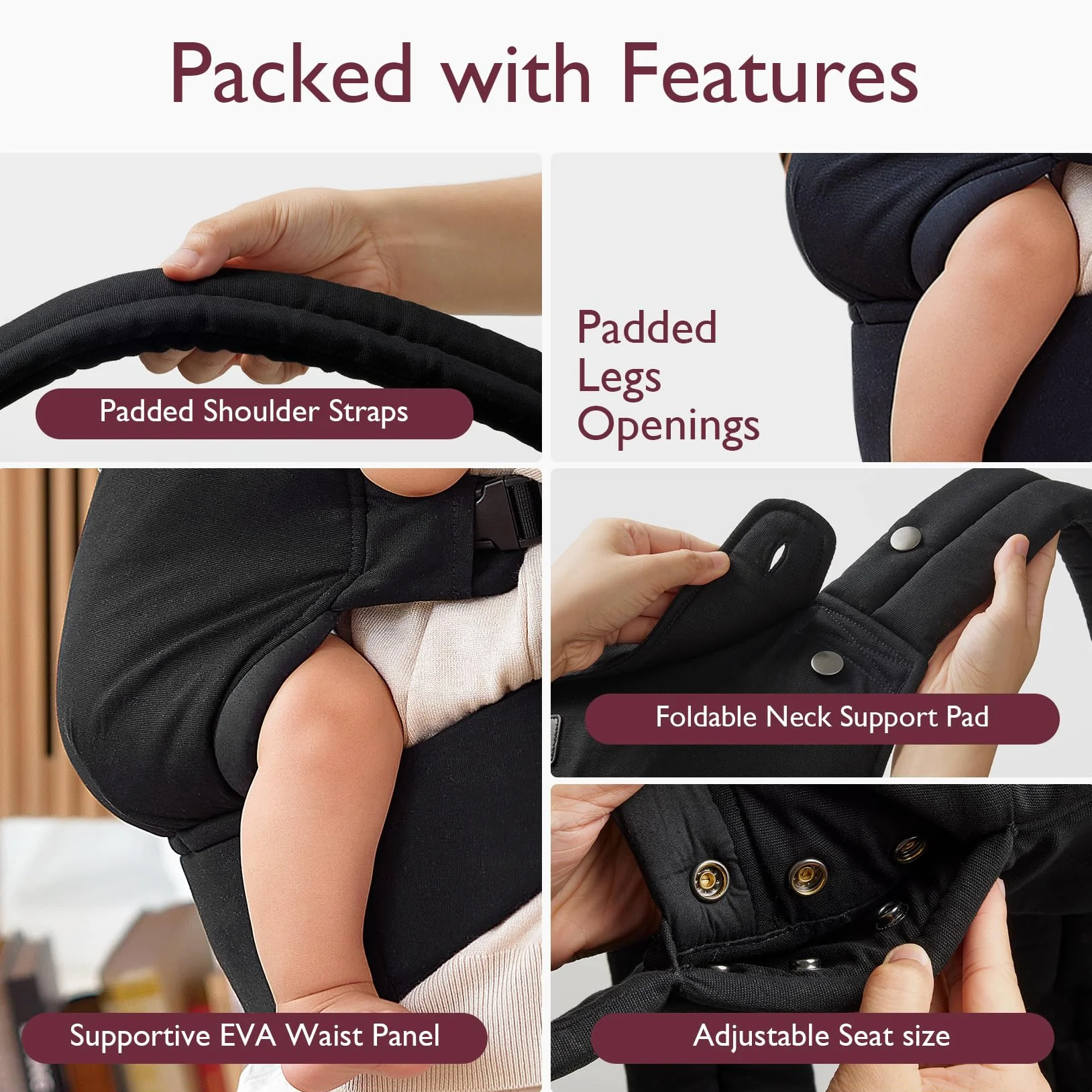 Chusta Momcozy - ergonomiczna, wygodna i lekka, dla dzieci w wieku od 3 do 20 kg (3-24 miesiące), łatwa do noszenia, idealna dla rodziców bez użycia rąk, czarna