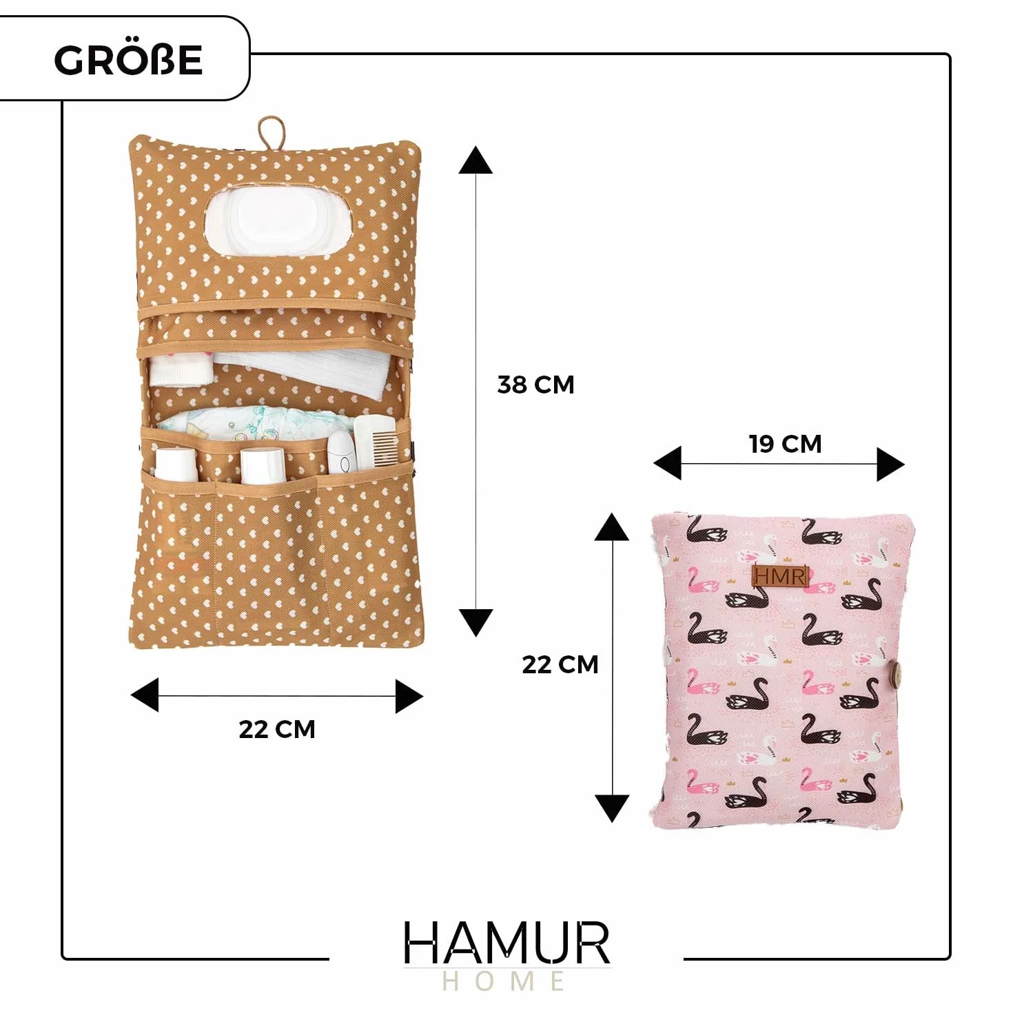 HAMUR HOME Organizer na pieluchy i kosmetyczka 2 w 1 - mała torba na pieluchy w podróży dla mamy pieluchy kremowe chusteczki organizer dla niemowląt, Liście, Liście