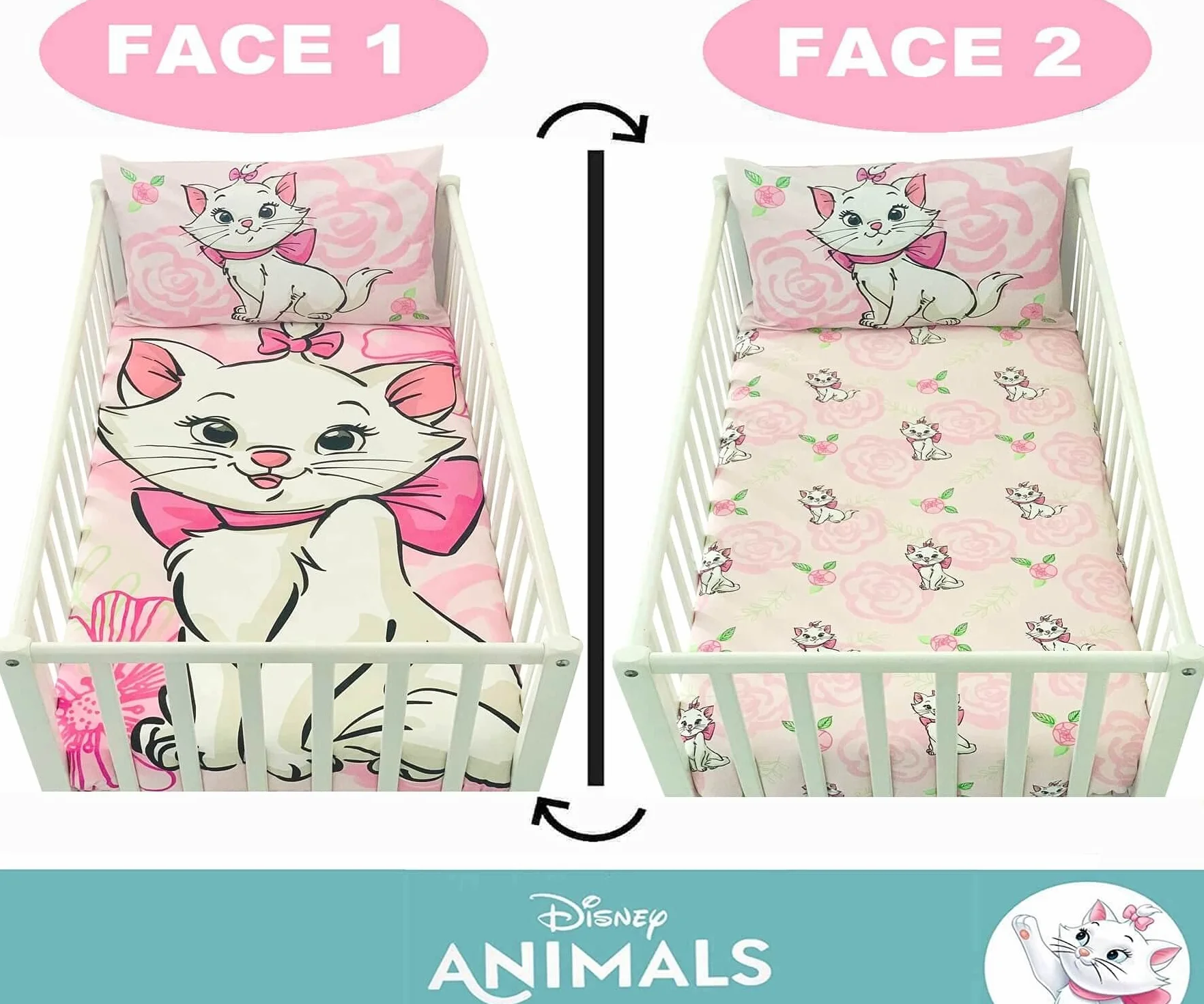 Disney Marie Aristocats Poszewka na kołdrę dla niemowląt 100x135 cm i poszewka na poduszkę 40x60 cm, zestaw pościeli dla niemowląt, 60 x 120 lub 70 x 140 cm, pościel dla małych dzieci.