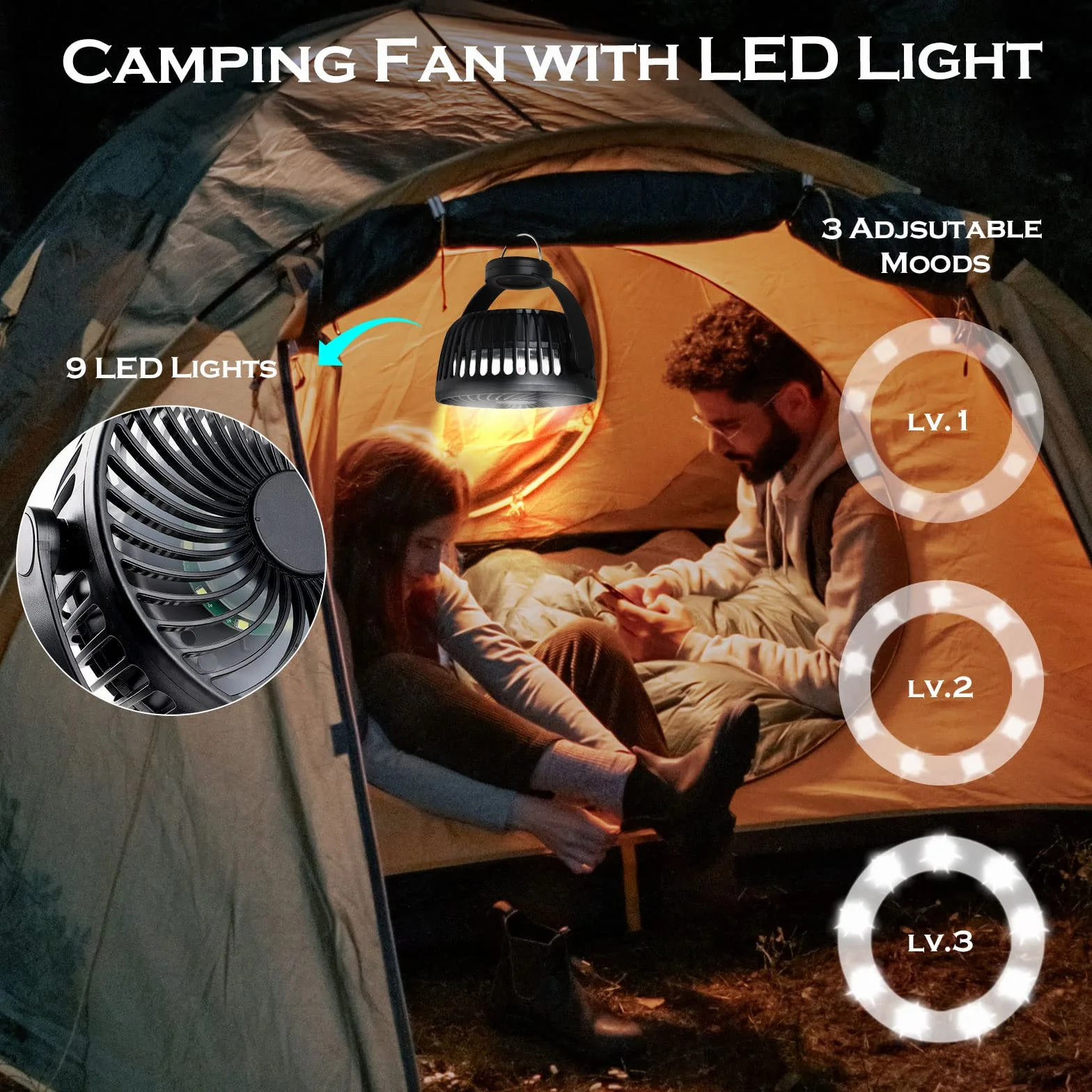 Hianjoo Wentylator do wózka dziecięcego z oświetleniem LED, 5200 mAh, mały wentylator biurkowy, wentylator kempingowy, obracany o 360°, przenośny, do wielokrotnego ładowania, do namiotu, domu, biura