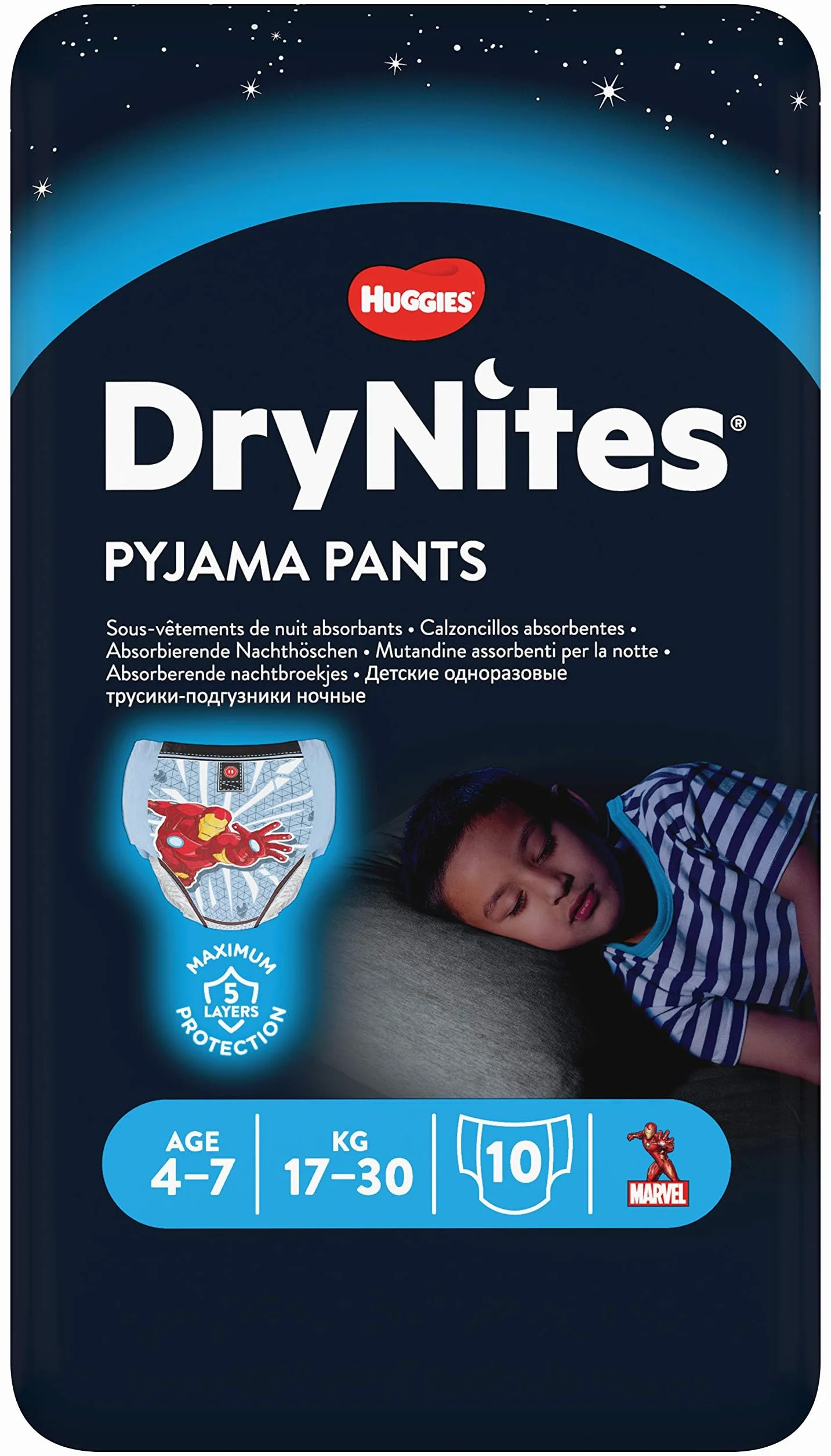 Huggies DryNites pieluchy nocne o wysokiej chłonności, dla chłopców w wieku 4-7 lat(17-30 kg), 10 sztuk