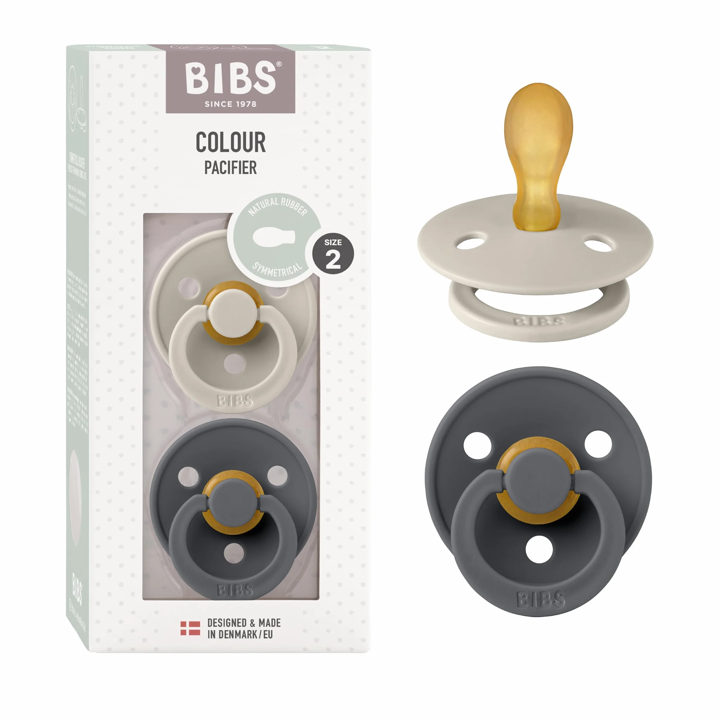 Smoczek BIBS z serii Colour, 2-pak, nie zawiera BPA, Symetryczny kształt gumowej główki. Lateks z kauczuku naturalnego, Wyprodukowano w Danii/EU. Rozmiar 2 (6-18 miesięcy), Sand/Iron