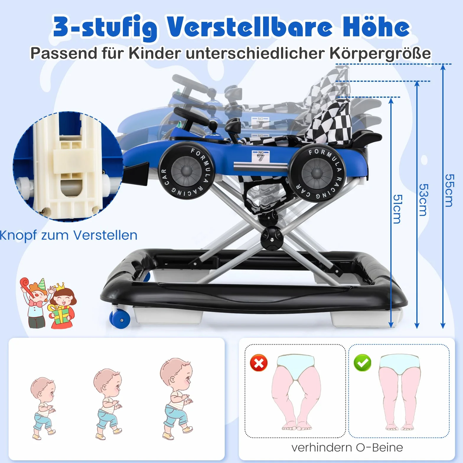 COSTWAY Pomoc w nauce chodzenia 4 w 1, wózek do nauki chodzenia, składany, z regulacją wysokości, Baby Walker w kształcie samochodu z kierownicą i pozytywką, wózek z kółkami dla dzieci w wieku 6-18
