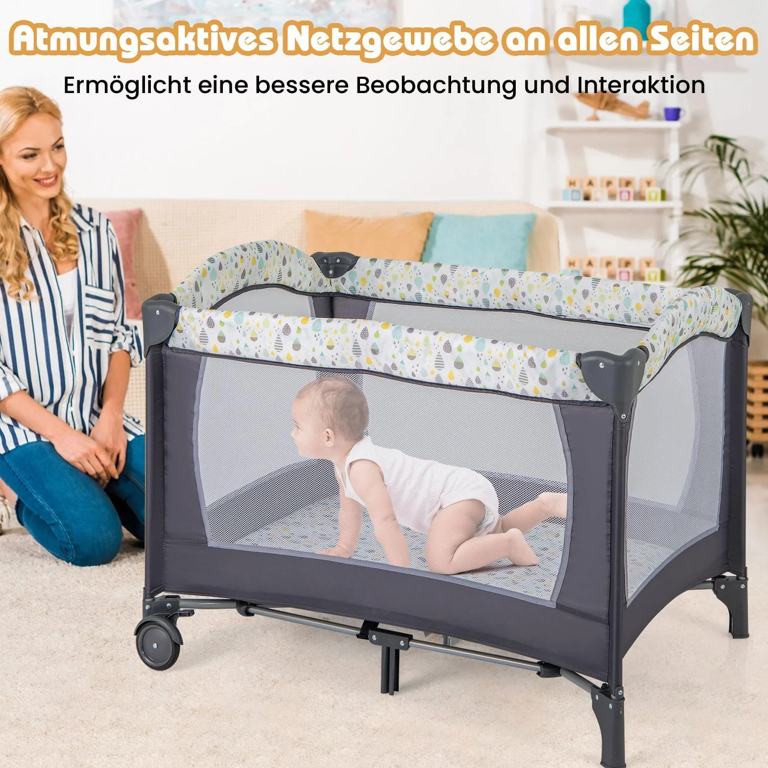 COSTWAY Łóżko dostawne 3 w 1, składane, łóżeczko turystyczne z materacem, zabawka wisząca, pozytywka, stół do przewijania i torba, 2 poziomy, łóżeczko dziecięce z kółkami, dla niemowląt do 36 miesięcy