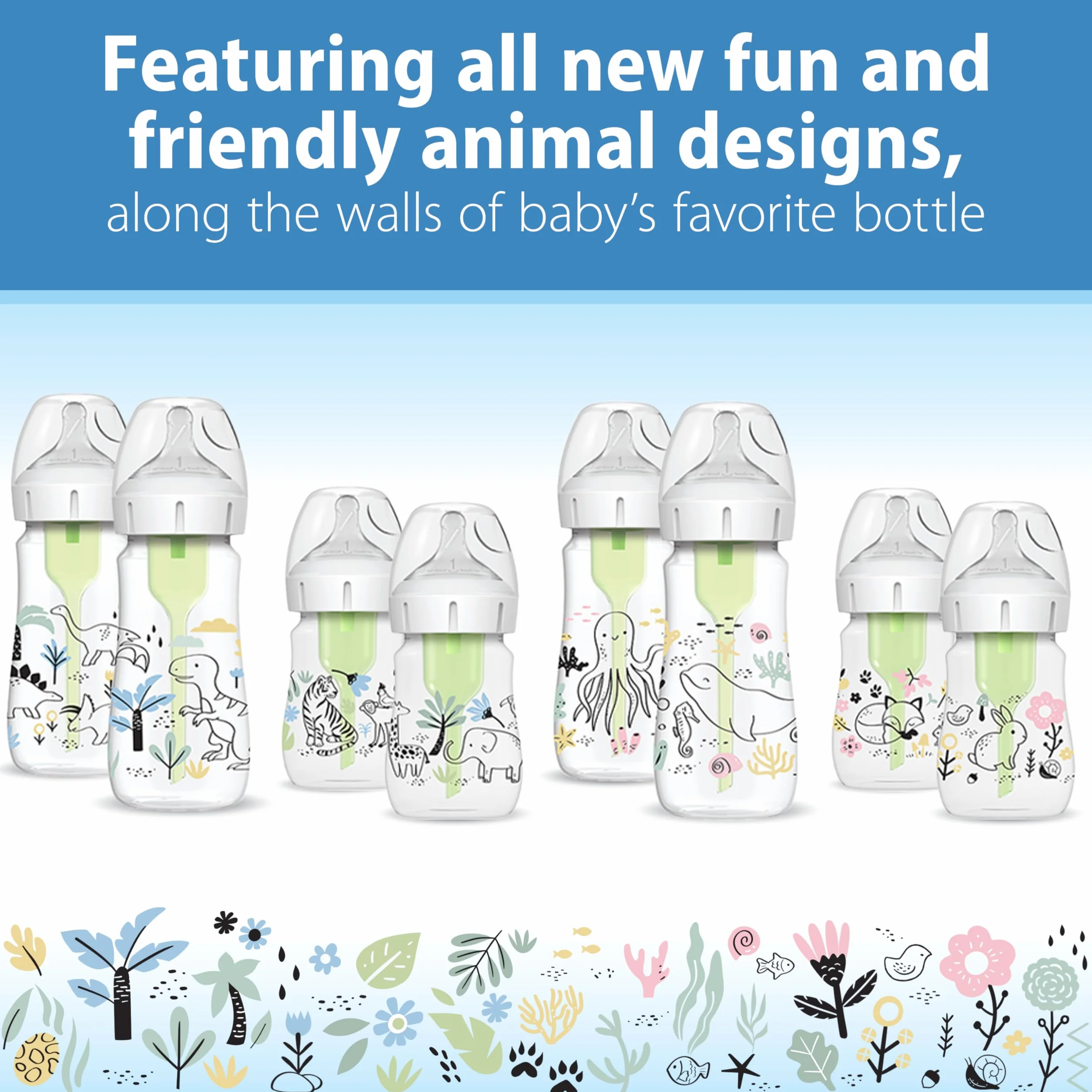 Dr. Brown's Natural Flow® Anti-Colic Options+™ butelka dla niemowląt, edycja designerska, dekoracja z dżungli, 150 ml, poziom 1 smoczek, 2 sztuki, 0 m +