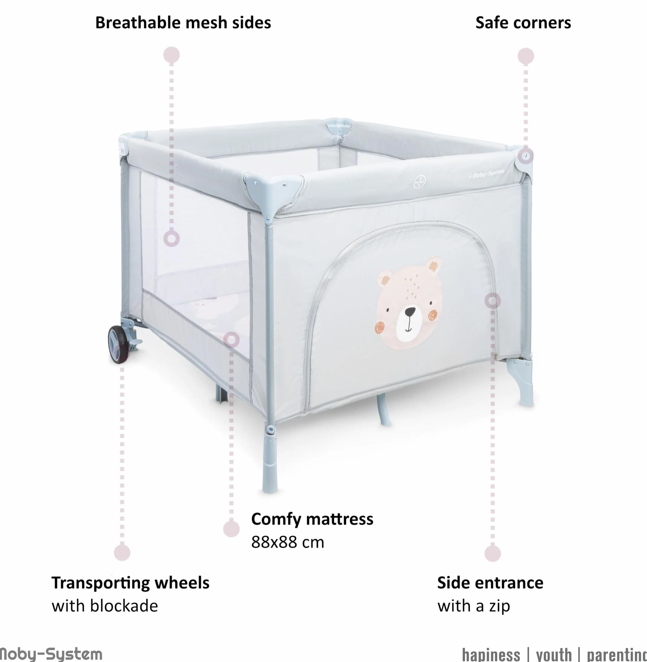 Moby-System Kojec dla Dzieci z Materacem i Torbą Transportową, Duży, Składany, Koła z Blokadą, Solidny Stelaż, Antypoślizgowe Nakładki, 97 x 100 x 77 cm, Teddy Bear