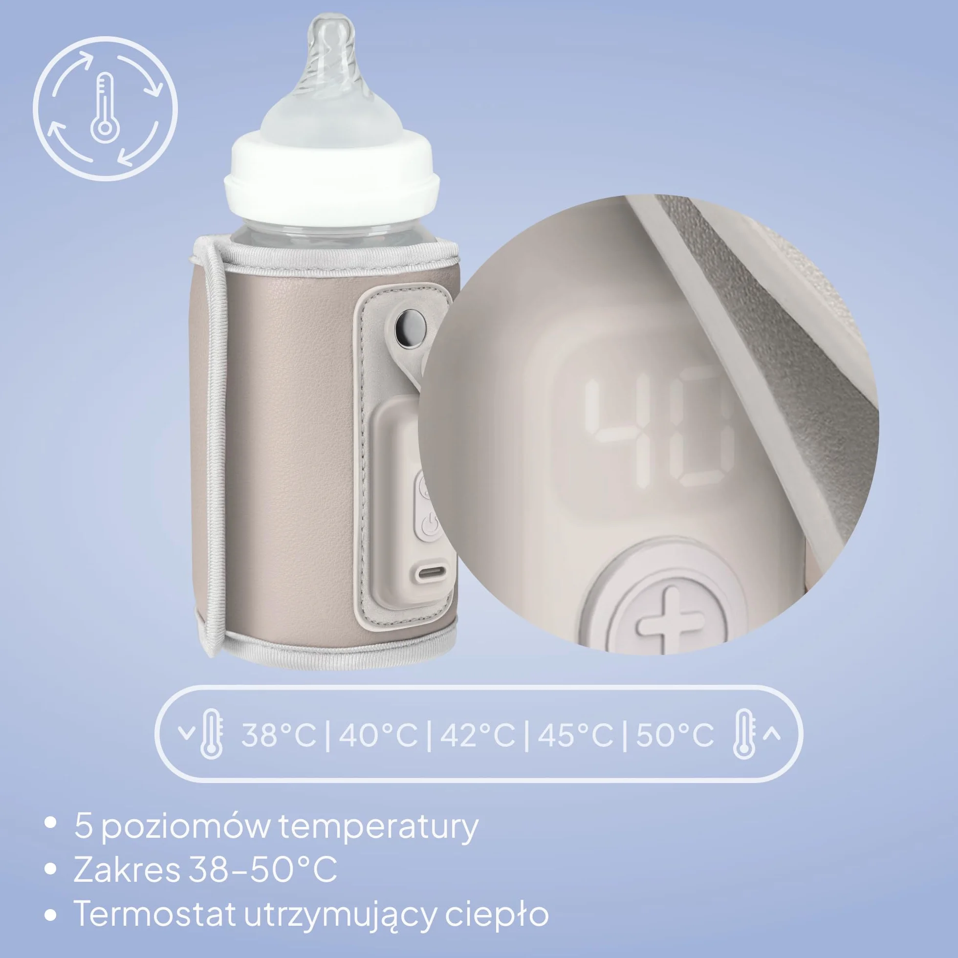 LIONELO Thermup Go przenośny podgrzewacz do butelek dla niemowląt, USB-C, podgrzewacz do butelek w podróży i w samochodzie, funkcja utrzymania ciepła 24 h, 5 poziomów temperatury 38-50°C, wyświetlacz