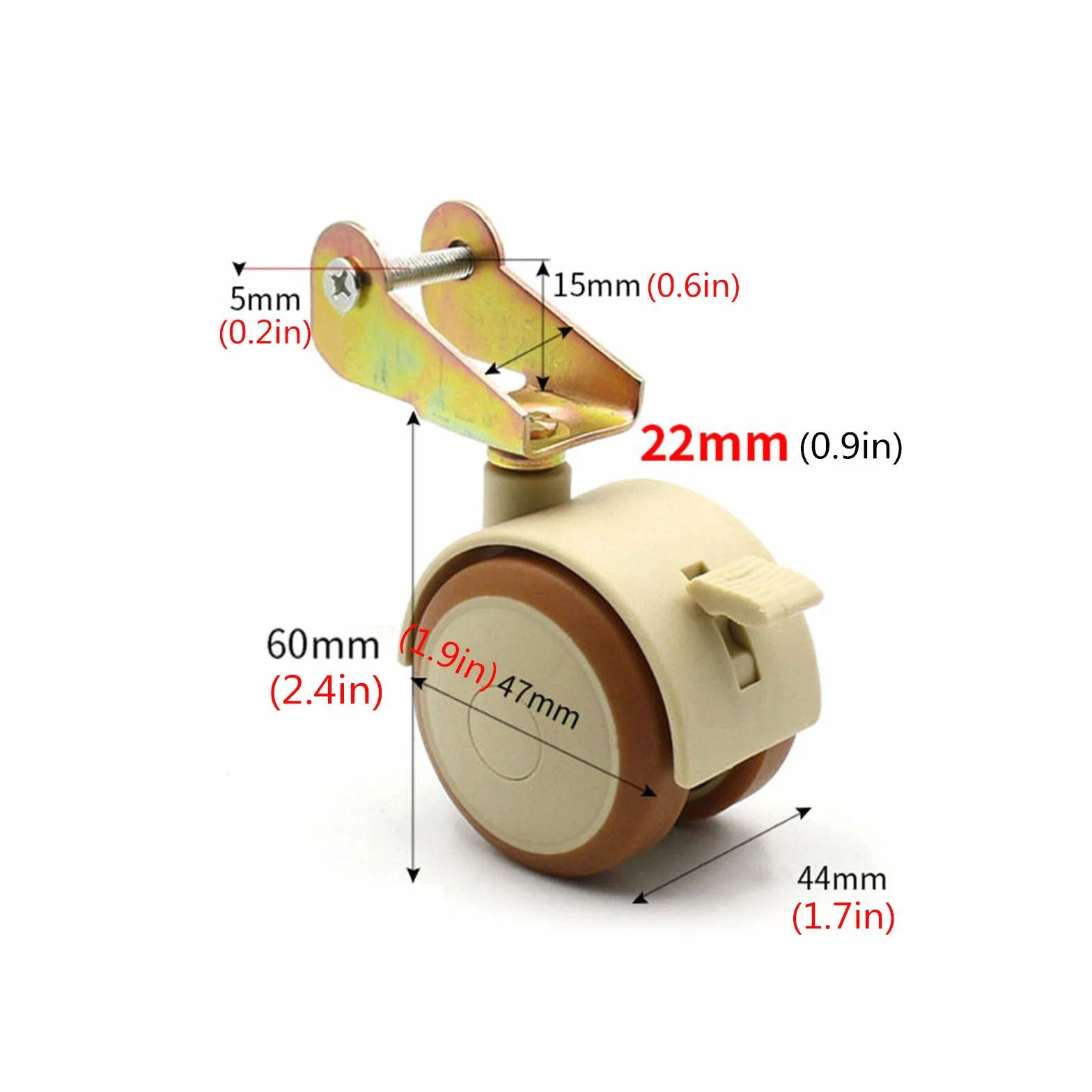 zestaw 4 kółek, Małe kółka samonastawne ze wspornikiem w kształcie litery P, ruchome plastikowe koła, kółka obrotowe 1,9 cala 47 mm, kółko do łóżeczka dziecięcego z hamulcami, obciążenie 30 kg, ze śru