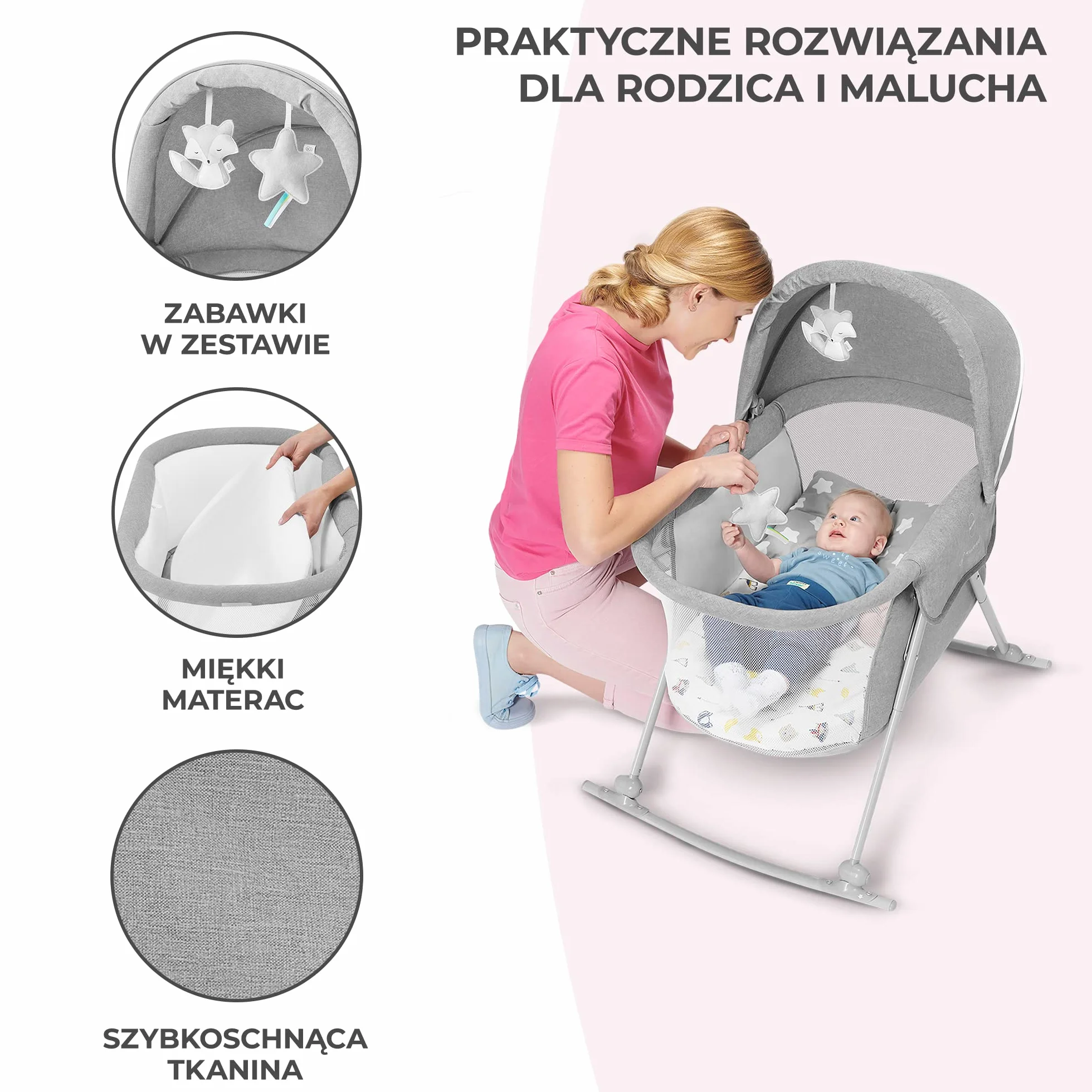Kinderkraft Łóżeczko dziecięce 3w1 LOVI, Łóżko turystyczne, Kołyska, Proste składanie, Pałąc z zestawem zabawek i moskitera w zestawie, Regulowana budka, Torba ułatwiająca transport, do 9 kg, Szary