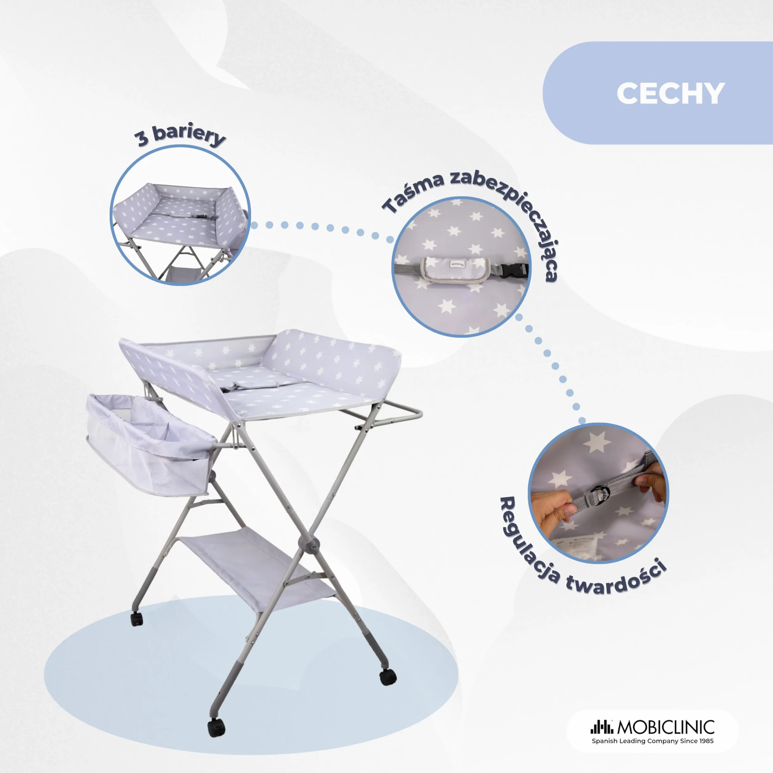 Mobiclinic®, Stół do Przewijania Niemowląt, Składany, Regulowana Wysokość, Do 15 kg, 0–36 Miesięcy, Organizer na Pieluchy, Kółka 360° z Hamulcem, Uprząż i Barierka Zabezpieczająca, Zmywalny, Zoey