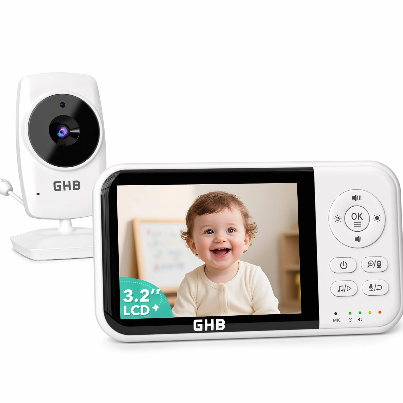 GHB Babyphone z kamerą, niania elektroniczna, 3,2-calowy wyświetlacz LCD, bateria 2100 mAh, 2-krotny zoom, czujnik temperatury, noktowizor, interkom