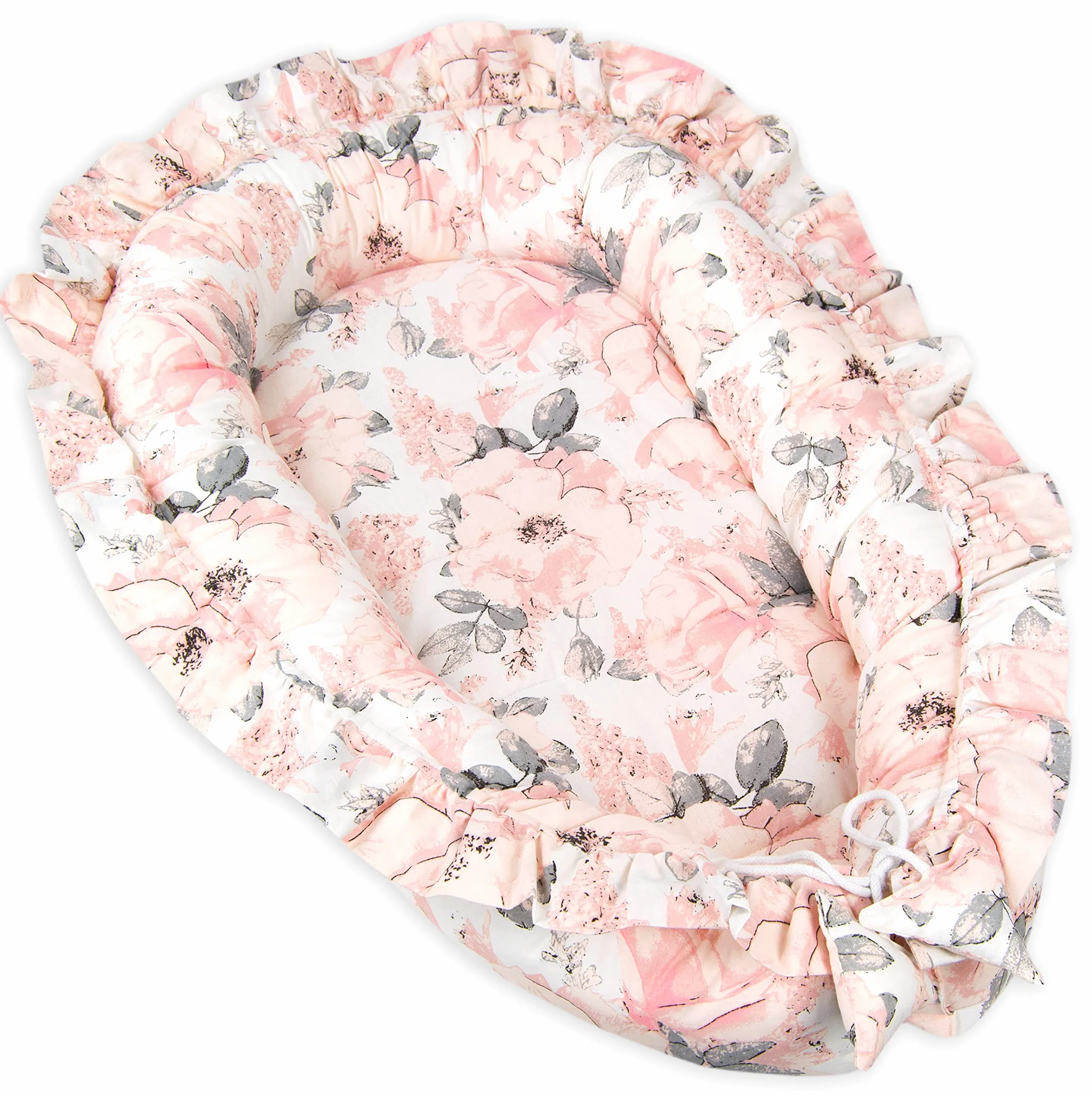PIMKO Gniazdo niemowlęce z falbankami, gniazdo dla niemowląt, kokon dla niemowląt i noworodków, 100% bawełna, odpowiednie do domu, 55 x 90 cm (kwiat)