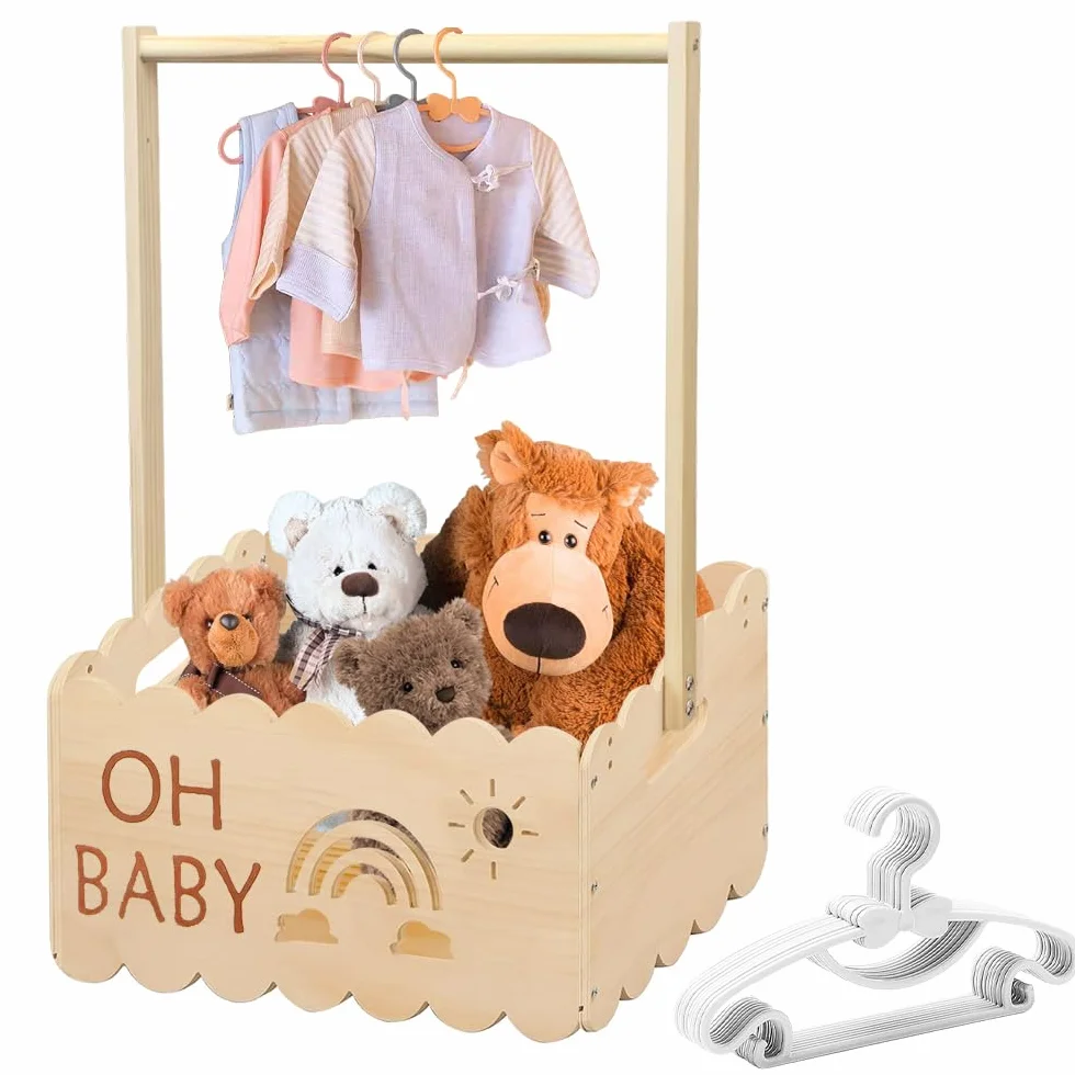Drewniany kosz na prezent dla niemowląt z uchwytem, drewniana skrzynka na baby shower, skrzynia na baby shower, wieszak na ubrania dla dzieci, kosz do przechowywania niemowląt, spersonalizowany kosz