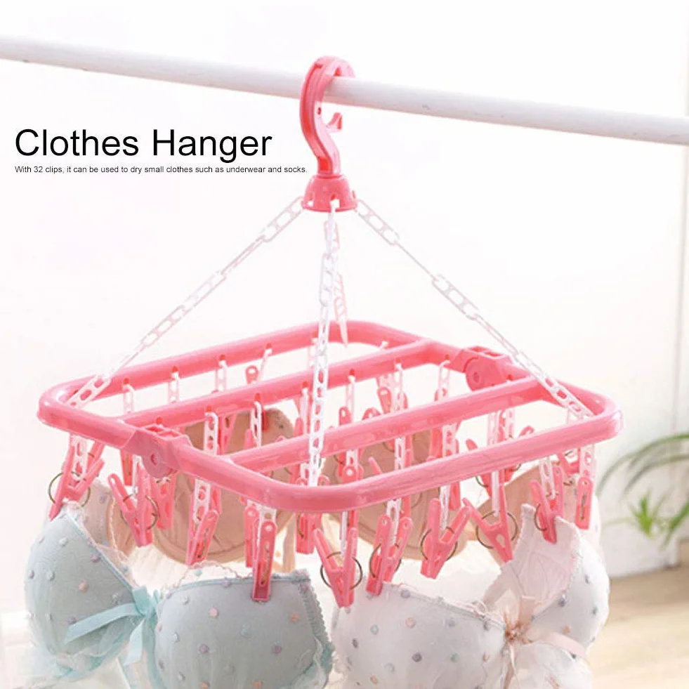 Wäschebügel 32 Clips Klapp Kleiderbügel Trockner Socken Unterwäsche Baby Kleidung BHs Handtuch Stoffwindeln Wäscheständer(Rosa)