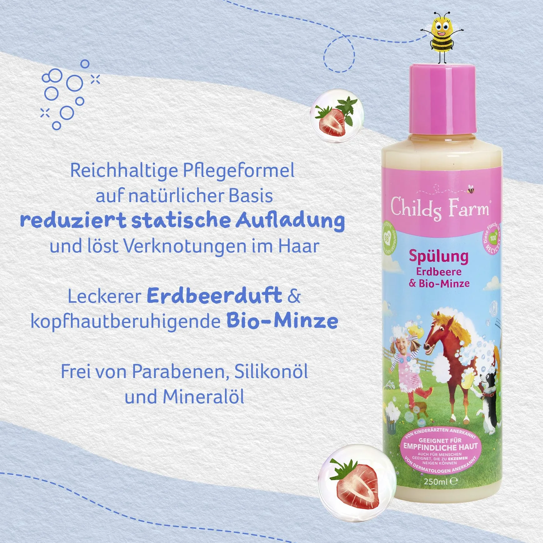 Childs Farm Odżywka dla dzieci 250 ml | truskawka i bio-mięta | wszystkie rodzaje włosów | pielęgnuje i odżywia | Nadaje się do skóry suchej, wrażliwej i skłonnej do atopowego zapalenia skóry