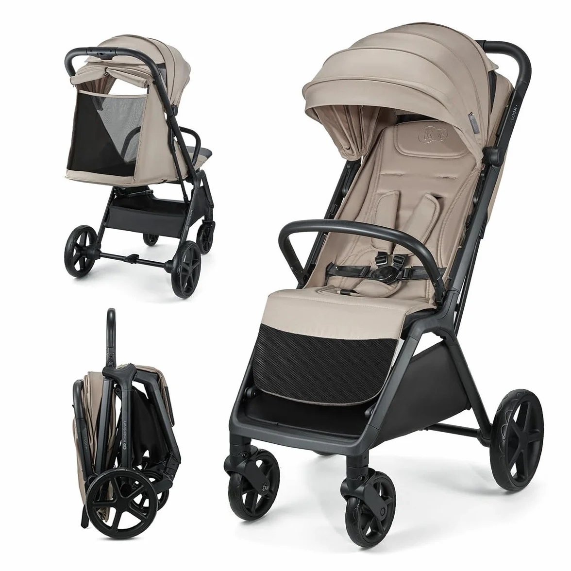 Kinderkraft LOOM lekki wózek dziecięcy o wadze do 27 kg, zamykany jedną ręką, kosz pod spodem, wysuwany daszek z dachem, drążkiem bezpieczeństwa, do 4 lat lub około 22 kg, beżowy