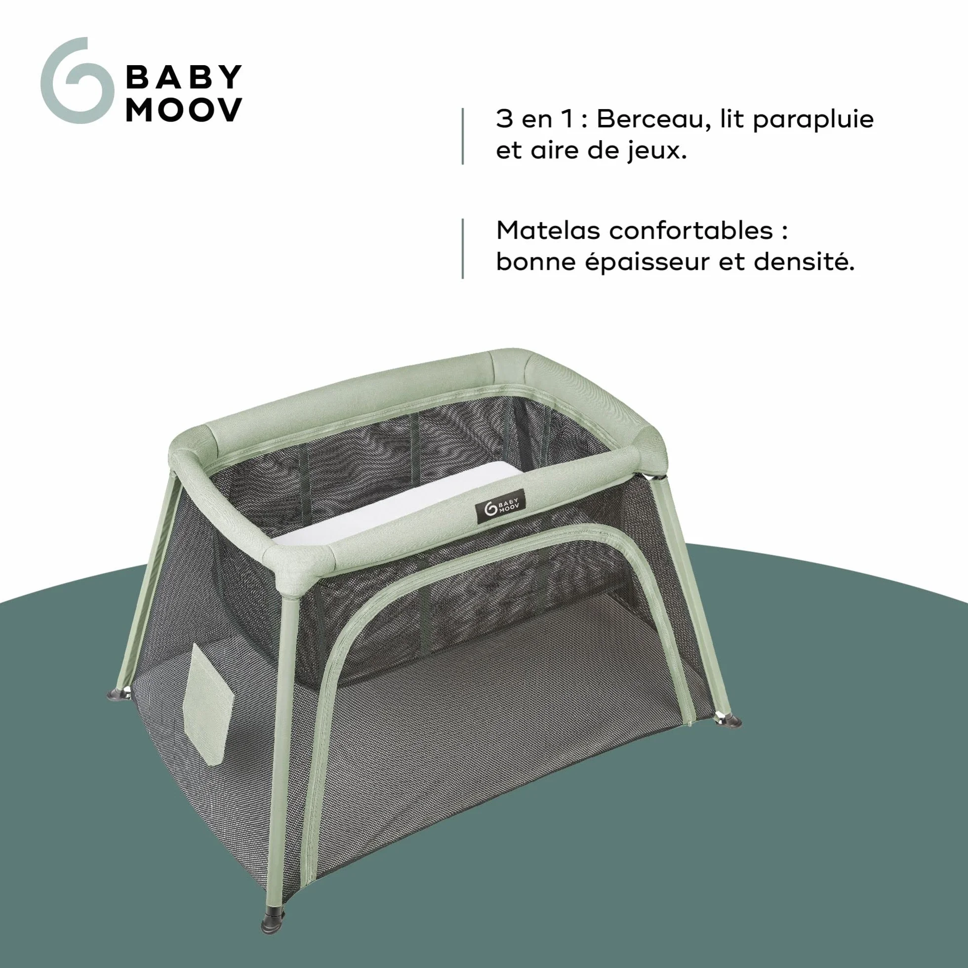 Babymoov Łóżko parasolowe Moov and Comfy 3 w 1 - Idealne od urodzenia do 4 lat - 2 poziomy: kołyska i duże łóżko dodatkowe z placu zabaw - łatwy w montażu i złożeniu - Dożywotnia