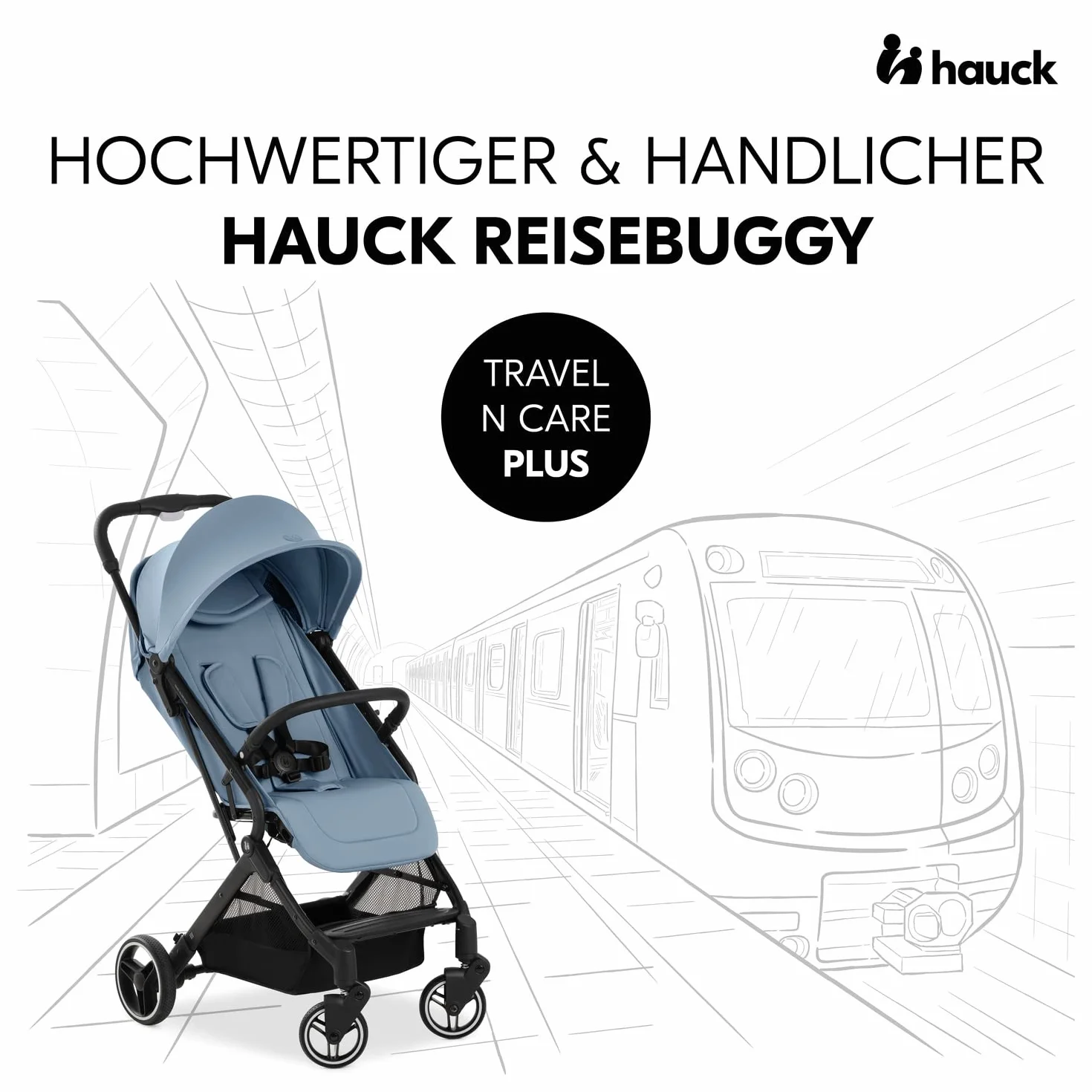 Hauck Wózek podróżny Travel N Care Plus z funkcją leżenia, tylko 7,2 kg, ochrona przed promieniowaniem UV 50+, obciążenie do 25 kg (22 kg dziecka + kosz 3 kg), mały składany (Dusty Blue)