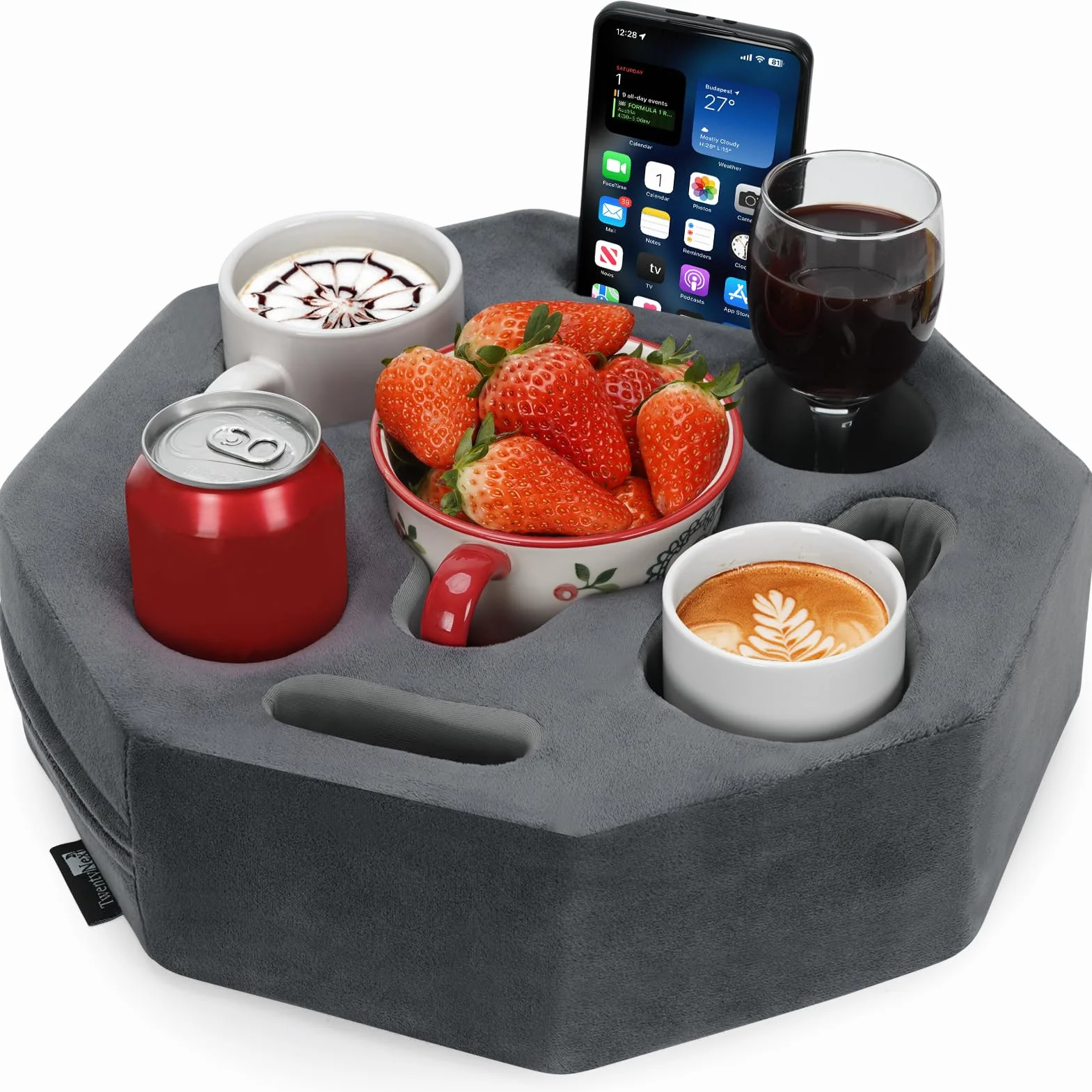 Poduszka na kubek na kanapę, uchwyt na napoje, ośmiokątny pojemnik na kanapę na filiżankę kawy, telefon, pilot, uchwyt na kanapę na łóżko, samochód, sofę, stół (szary)