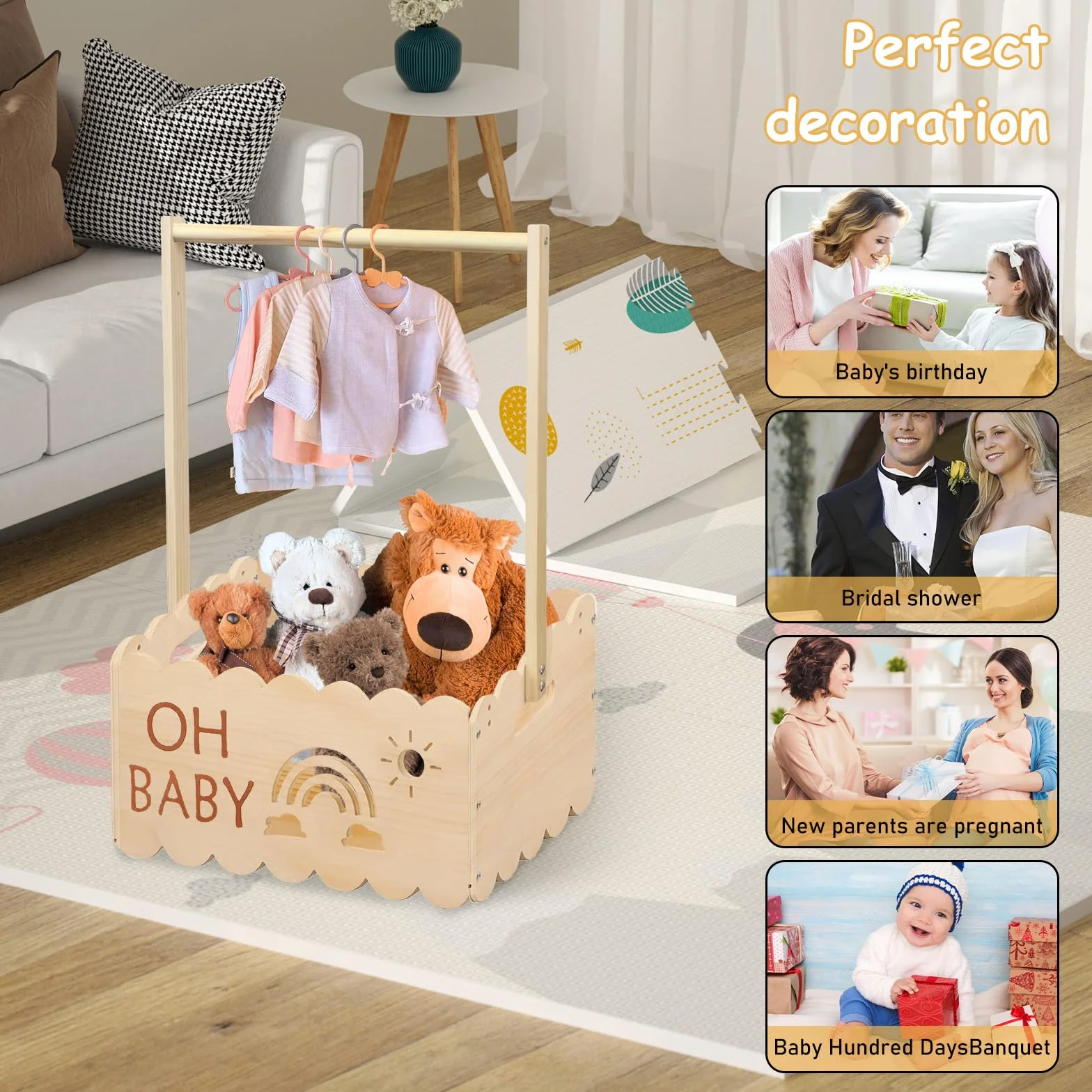Drewniany kosz na prezent dla niemowląt z uchwytem, drewniana skrzynka na baby shower, skrzynia na baby shower, wieszak na ubrania dla dzieci, kosz do przechowywania niemowląt, spersonalizowany kosz