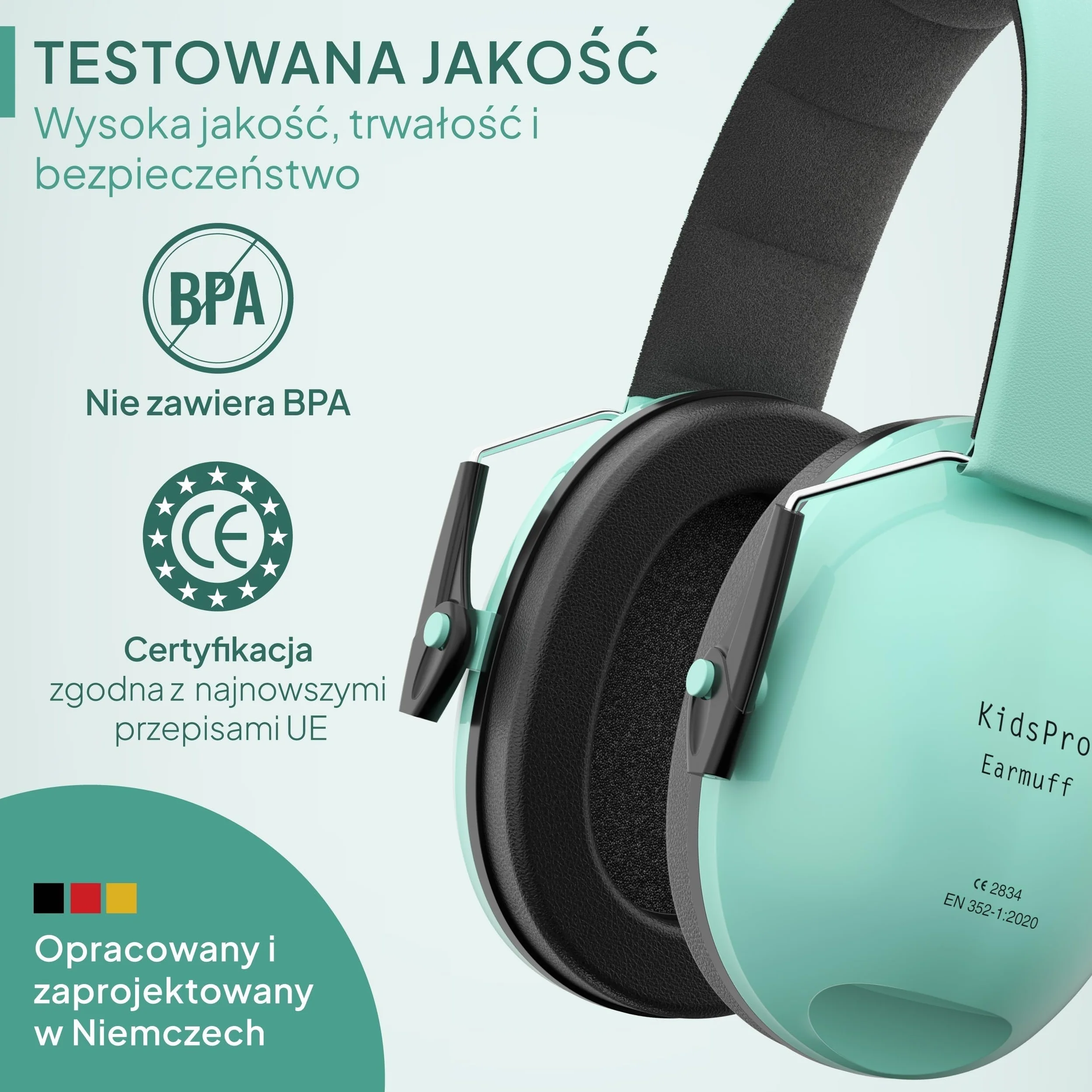 Senner ® KidsPro | Ochrona słuchu dla dzieci - Nauszniki z wysokim SNR 28 dB - do 12 lat - Regulowane - Ochronniki słuchu dla dzieci - Turkusowe