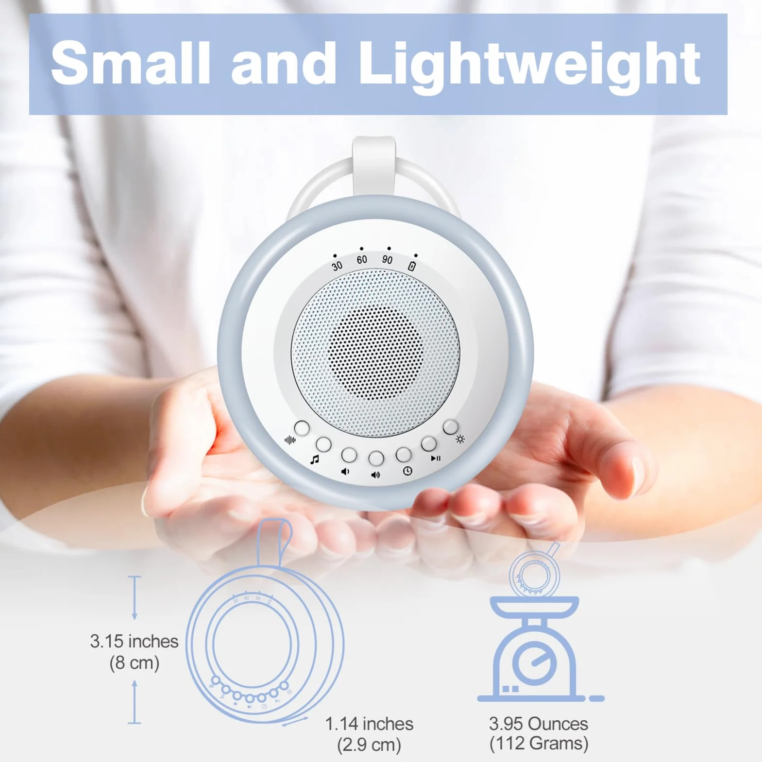 Easy@Home White Noise Machine: Przenośna maszyna dźwiękowa dla niemowląt 34 kojące kołysanki i dźwięki natury | 3 zestawy timerów | Lampka nocna | Niezbędniki dla noworodka (58 * 111 * 112 mm)