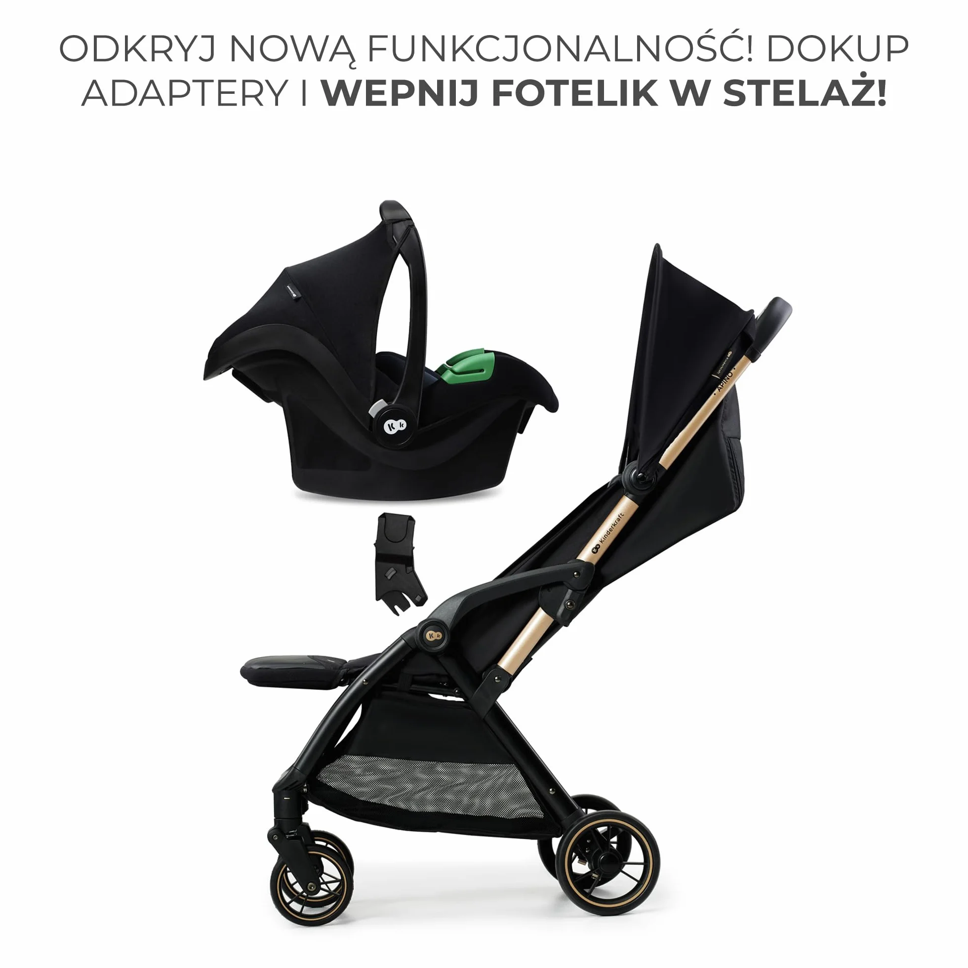 Kinderkraft APINO Lekka Spacerówka, Wózek dziecięcy, Idealny na podróż, AUTO FOLDING, Składany, Kompaktowy, Lekki, Tylko 7,5kg, Wodoodporna budka, Regulacja oparcia, obciążenie do 24kg, Beżowy